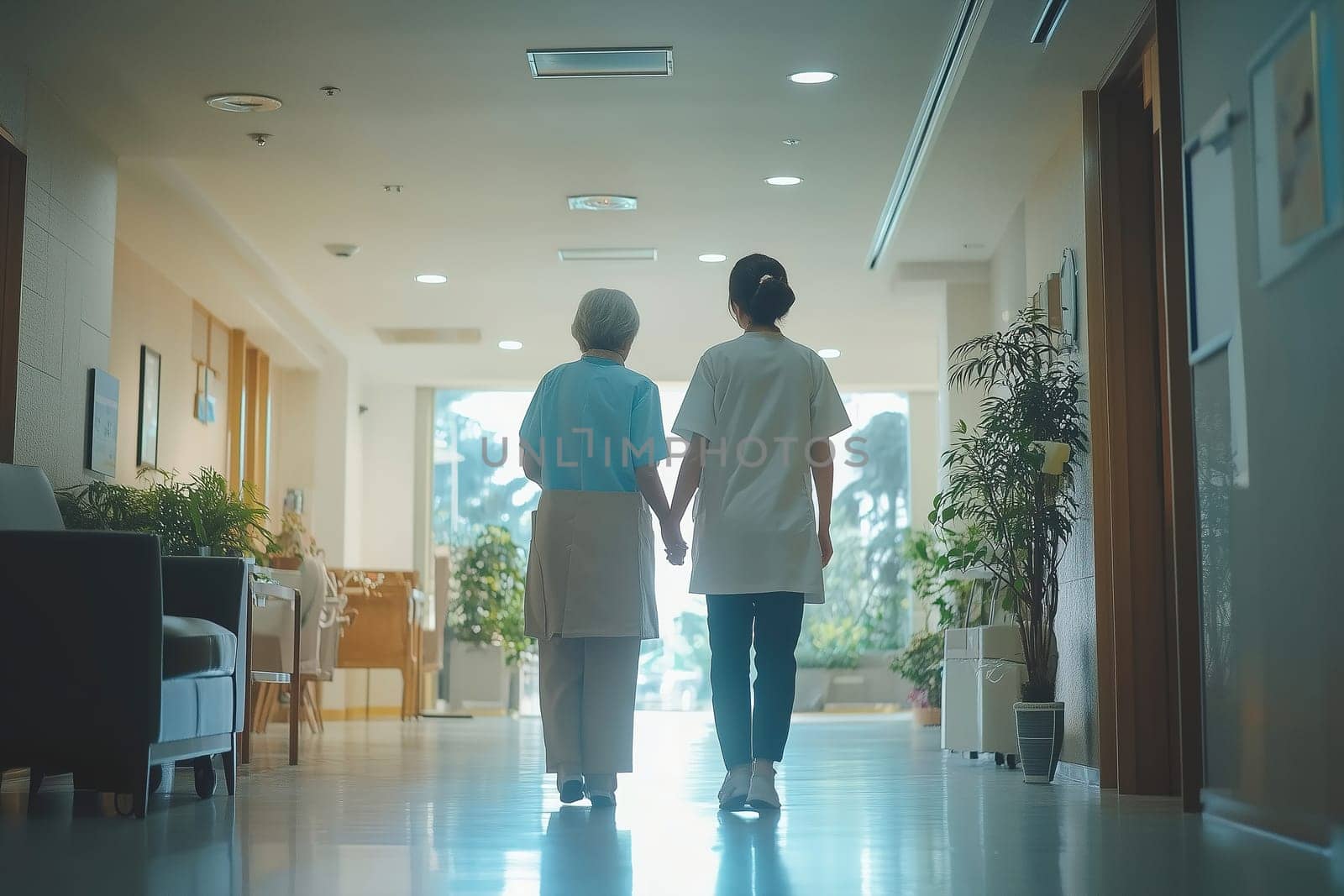 A caregiver walks hand-in-hand with an elderly woman down a well-lit corridor of a hospital, fostering companionship and support.