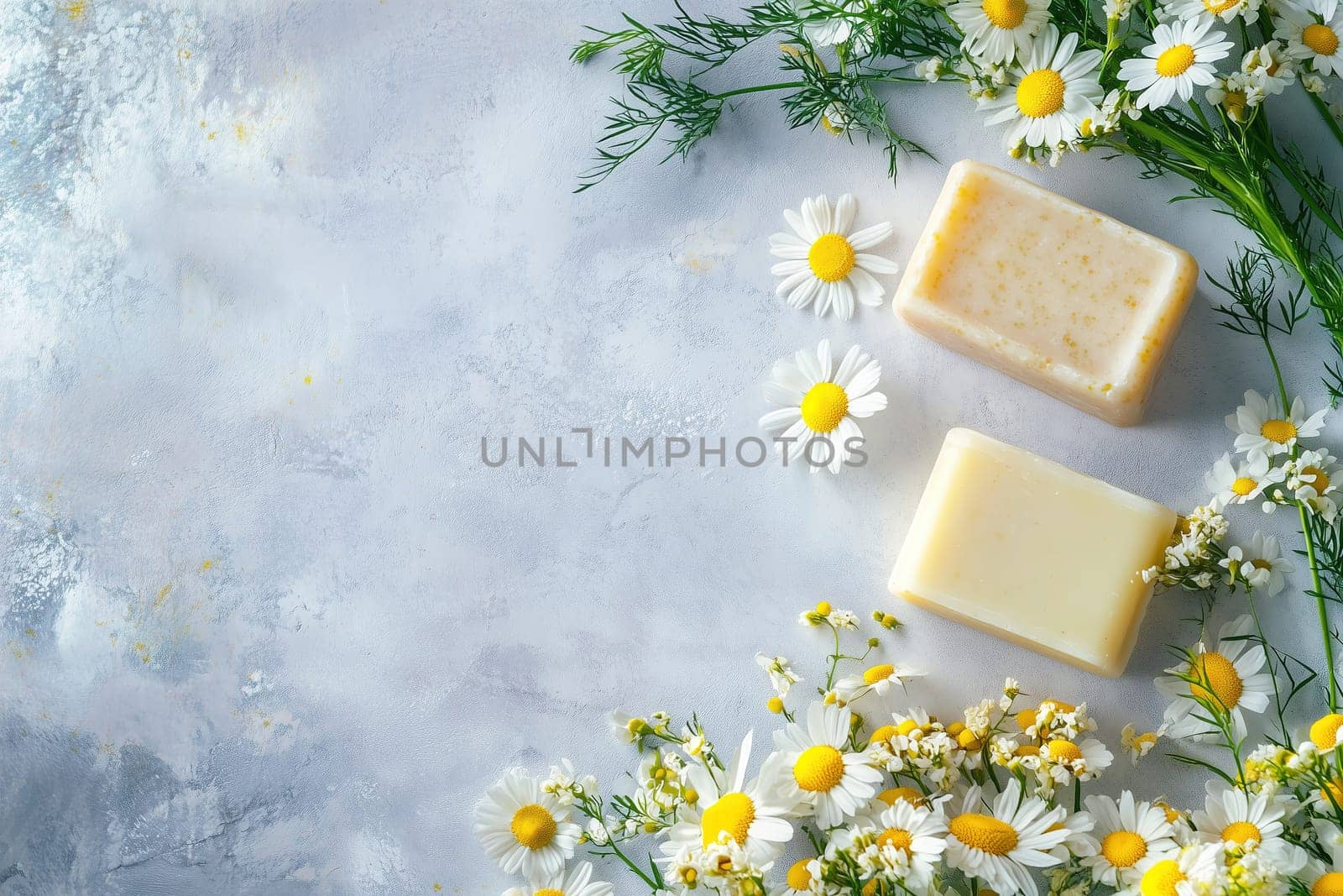 Natural soap bars sit gracefully amidst an array of fresh flowers, enhancing the serene atmosphere. The soft colors create a relaxing setting ideal for skincare.