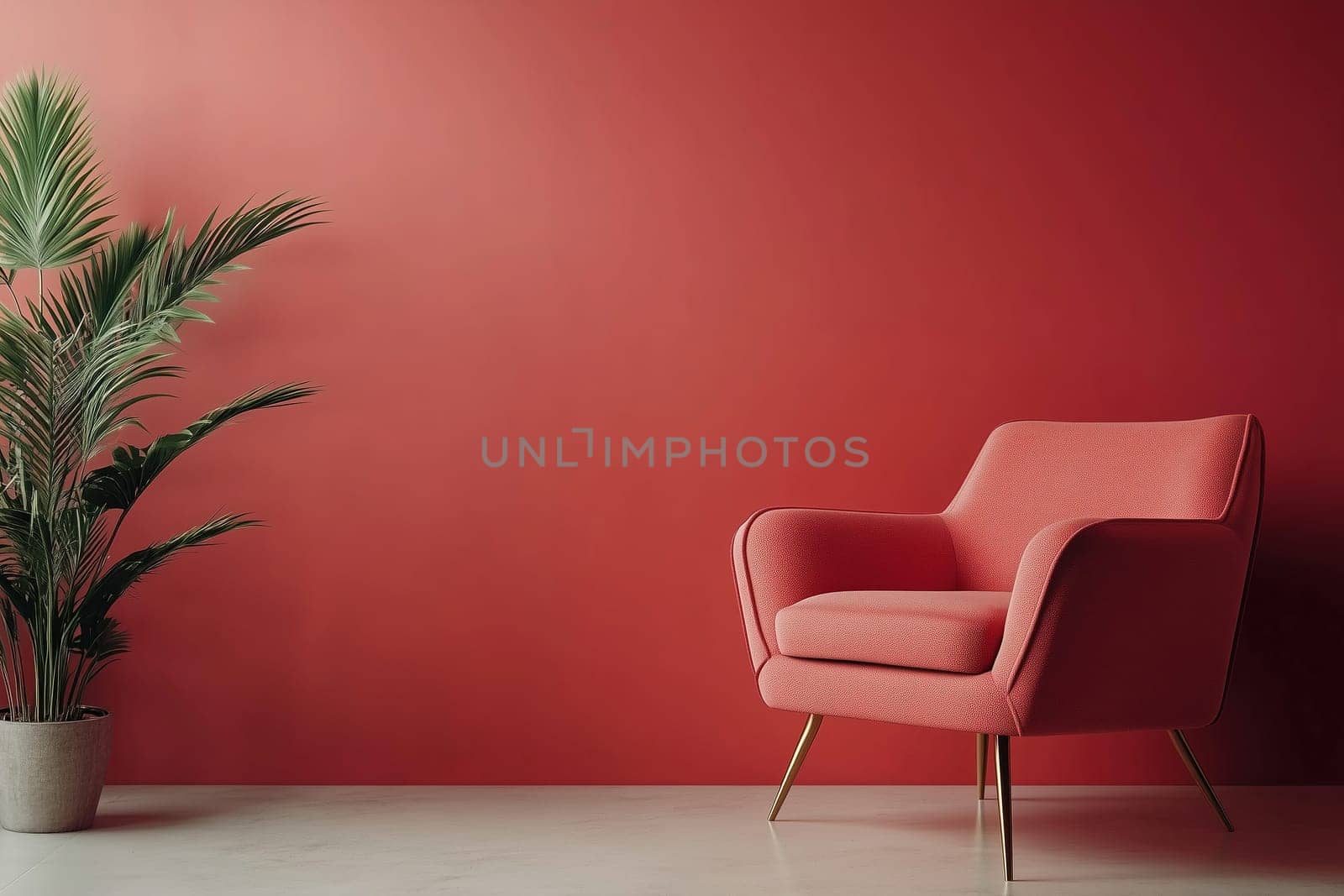 A modern armchair in coral fabric rests on a light floor, complemented by a lush potted plant, set against a striking red wall, perfect for stylish interiors.