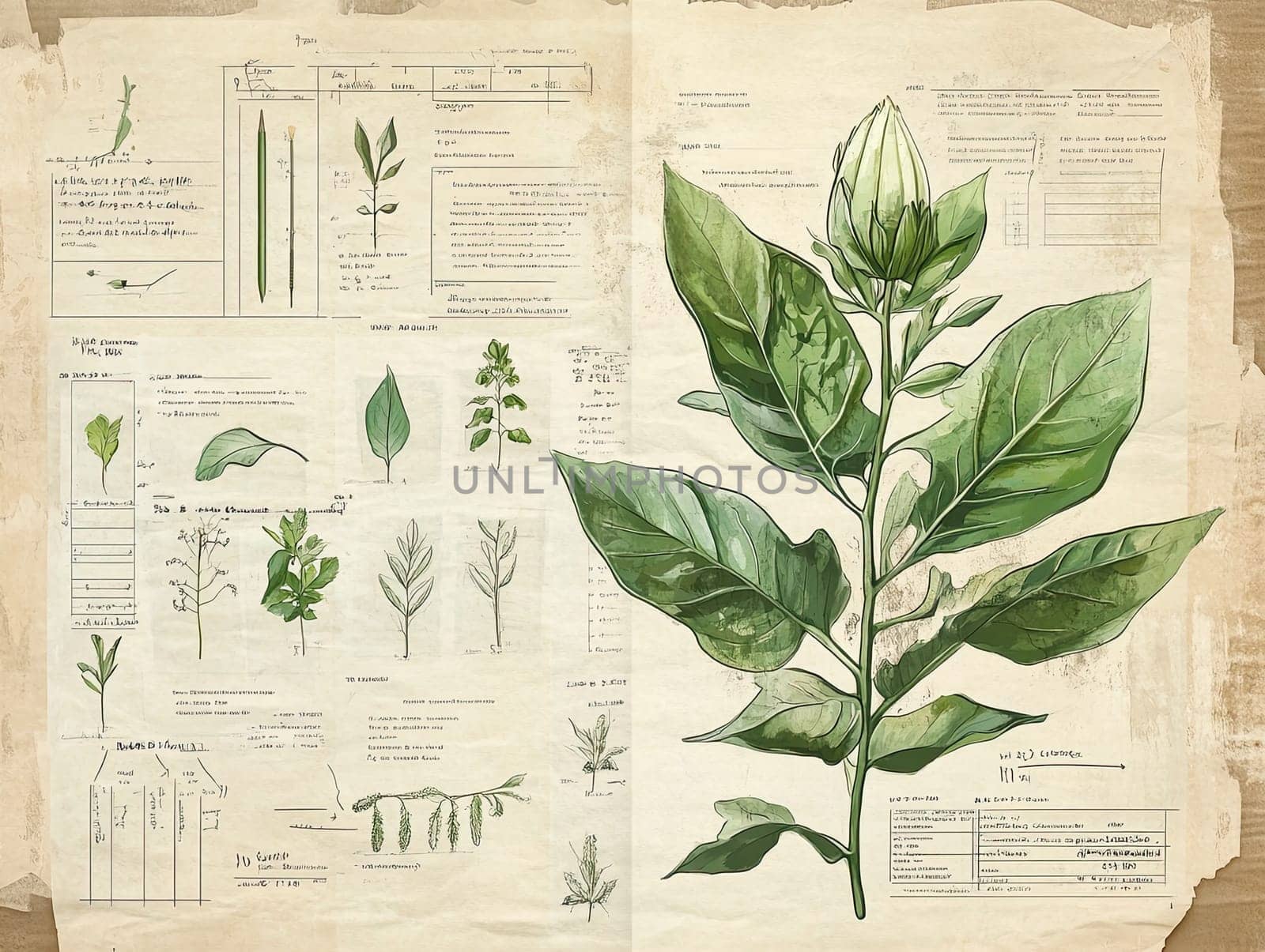 This artwork features a botanical illustration of a flowering plant, highlighting its leaves, floral parts, and growth stages along with detailed annotations and studies.