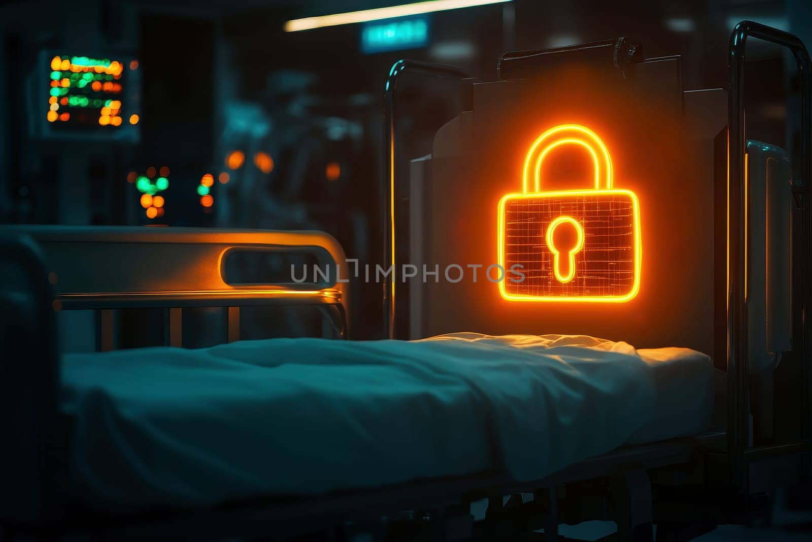Digital lock over hospital bed symbolizing healthcare data security. Data privacy for patients..