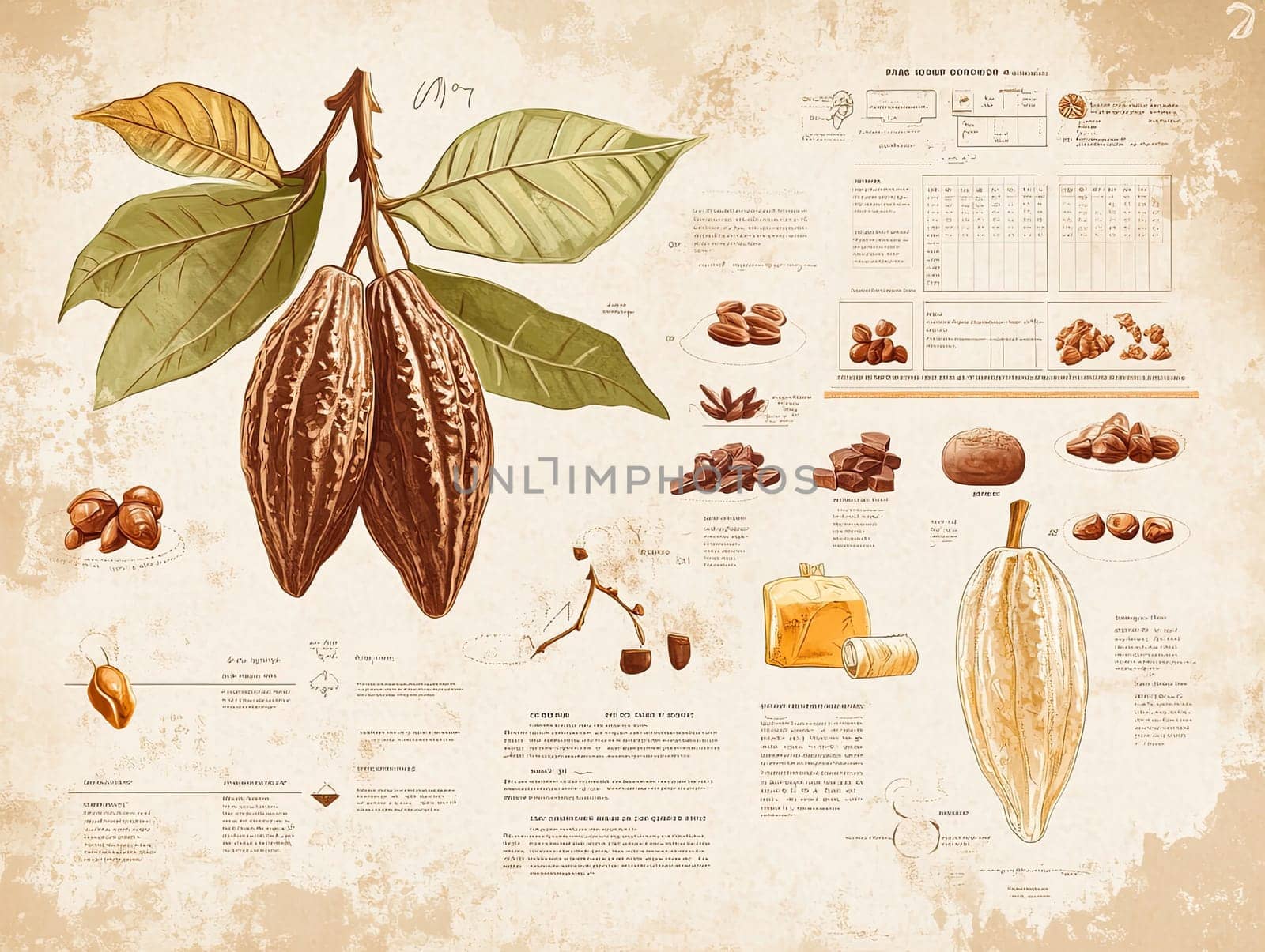 A beautifully illustrated cacao plant features ripe pods and beans, accompanied by informative text on various chocolate production stages and nutritional values.