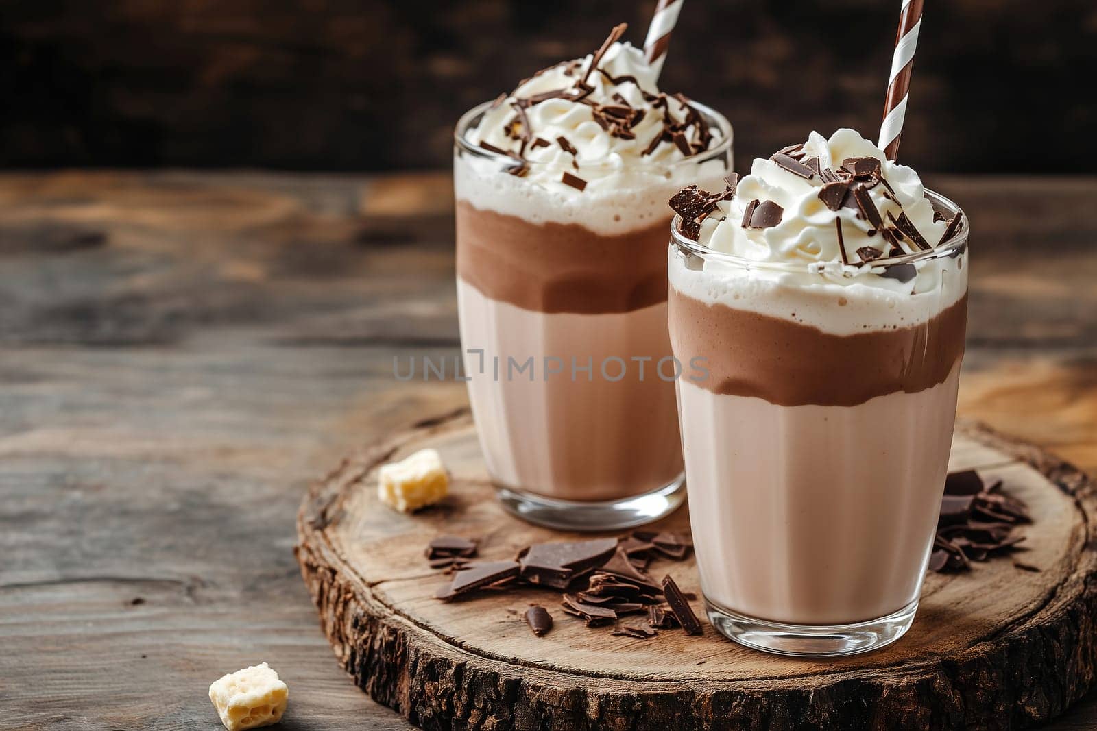 Two tall glasses filled with layered chocolate desserts sit on a wooden platter. Each is topped with whipped cream and chocolate shavings, creating a tempting treat.