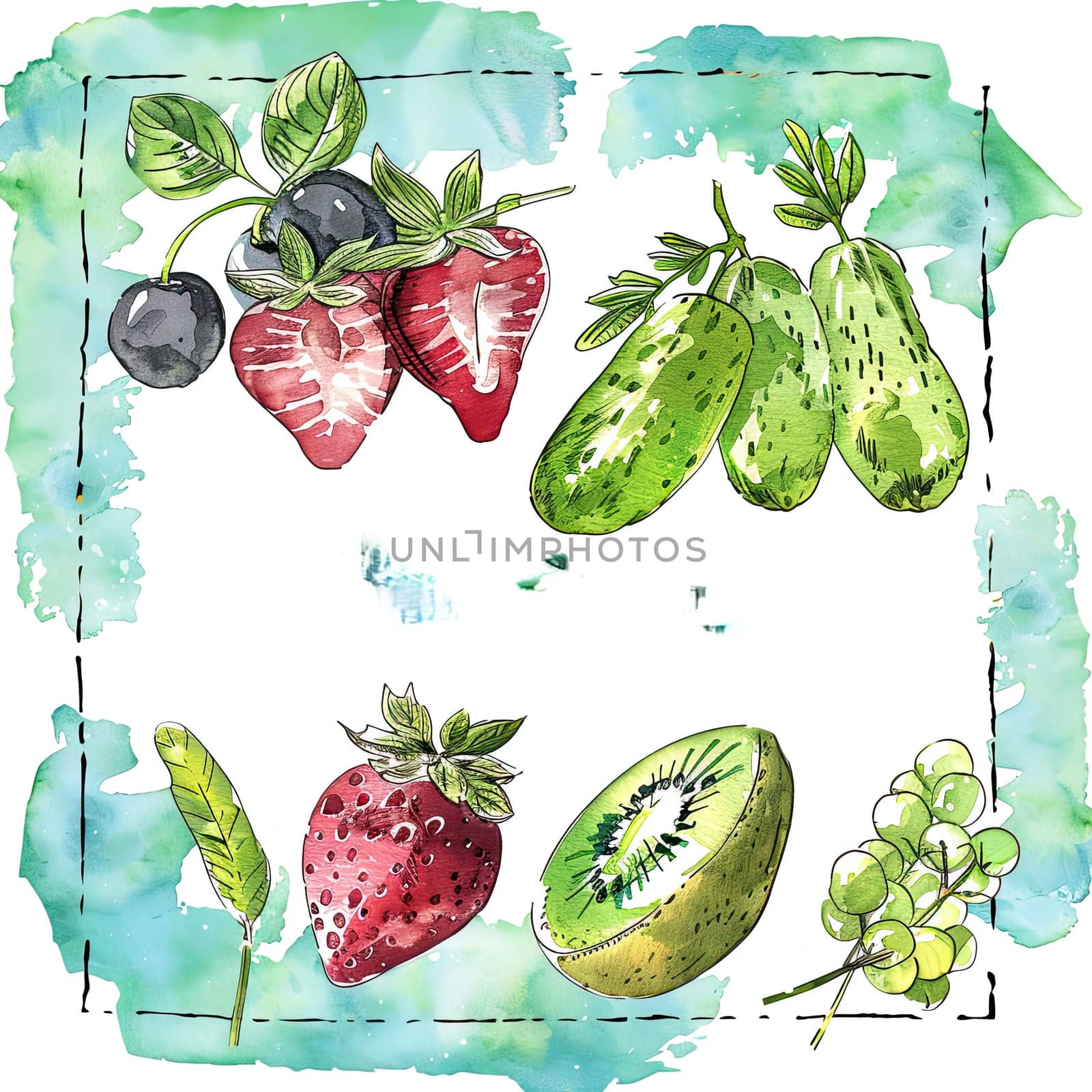 A delightful display of fresh summer produce is presented, featuring strawberries, cucumbers, kiwi, and blueberries, all beautifully illustrated with a watercolor backdrop.