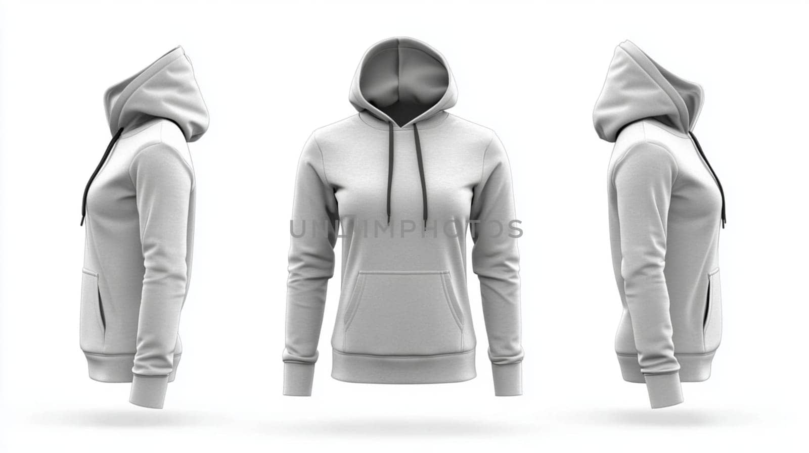 Four views of a female mannequin wearing a blank white hoodie, perfect for showcasing your apparel designs. The mannequin has her hair tied up in two buns