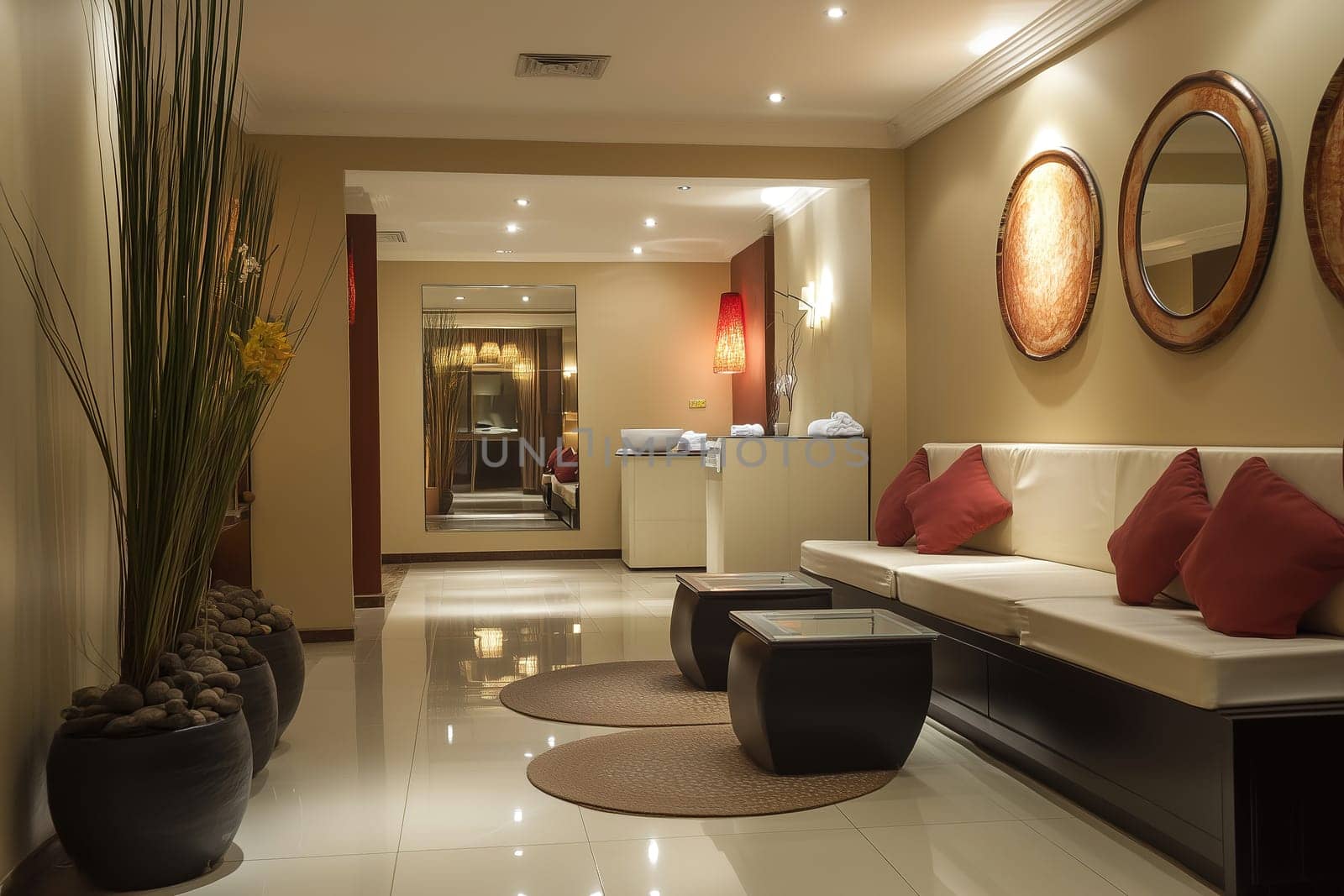 Guests are welcomed into a tranquil spa entrance adorned with stylish decor, comfortable seating, and soothing lighting, creating a serene atmosphere.