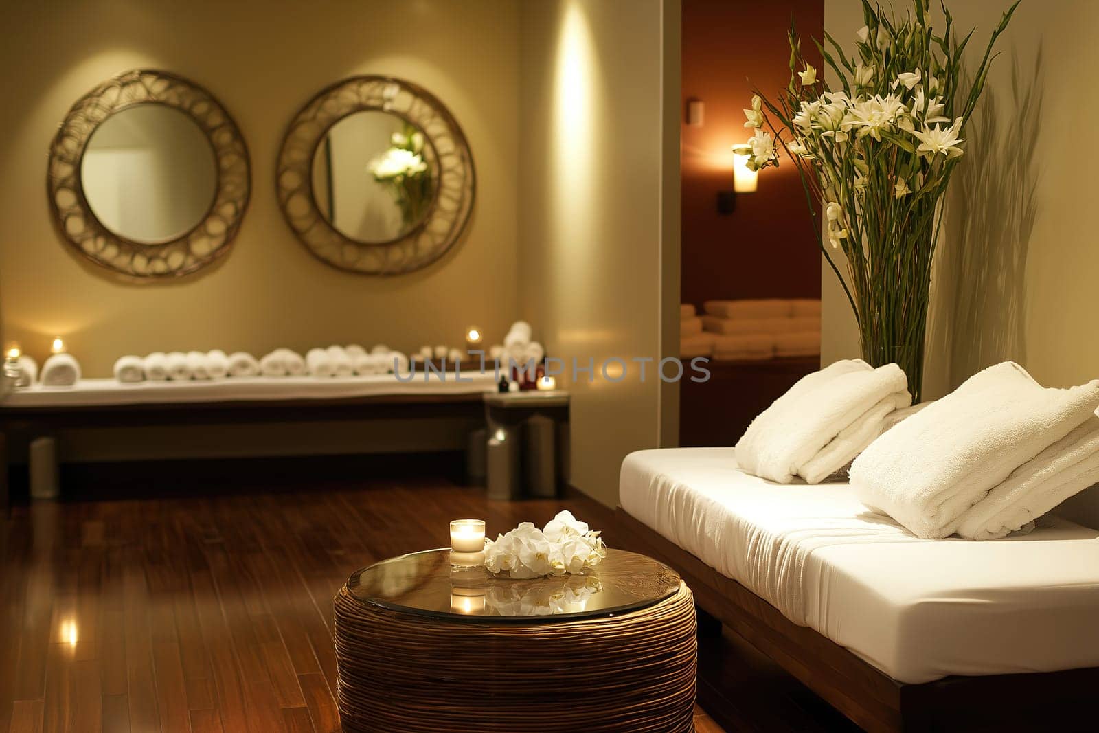 The tranquil spa area showcases comfortable seating, warm lighting, and beautifully arranged fresh flowers, creating a serene environment for relaxation and rejuvenation.