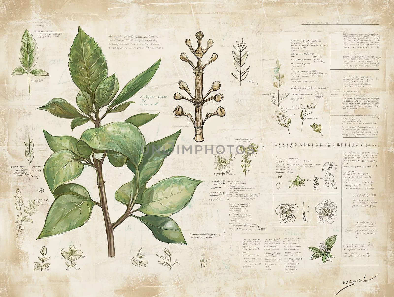 This artwork features a botanical study of a specific plant species, highlighting its detailed leaves and floral structures with annotations on an antiqued background.