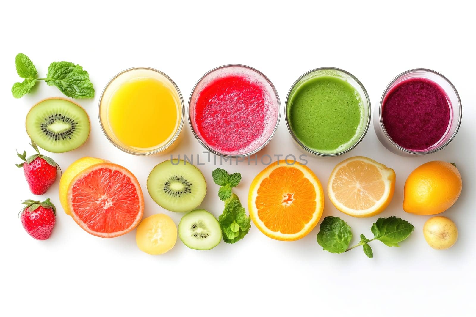 A colorful array of fresh fruit juices is showcased in glasses, complemented by slices of various fruits like oranges, kiwis, and strawberries, creating a healthy and vibrant display.