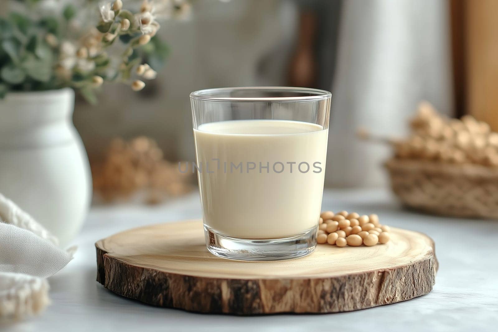A clear glass filled with creamy plant-based milk rests on a wooden coaster. Nearby, scattered soybeans add a rustic touch to the inviting kitchen atmosphere.