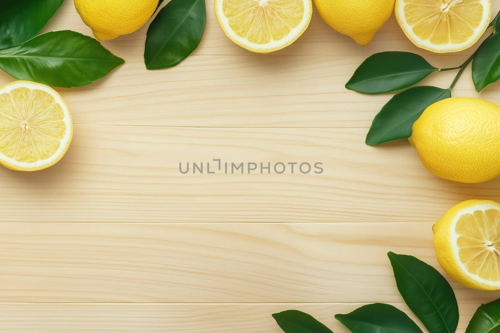 Freshly cut lemons and whole lemons are elegantly arranged alongside green leaves on a light wooden surface, creating a bright and refreshing display ideal for summer recipes.