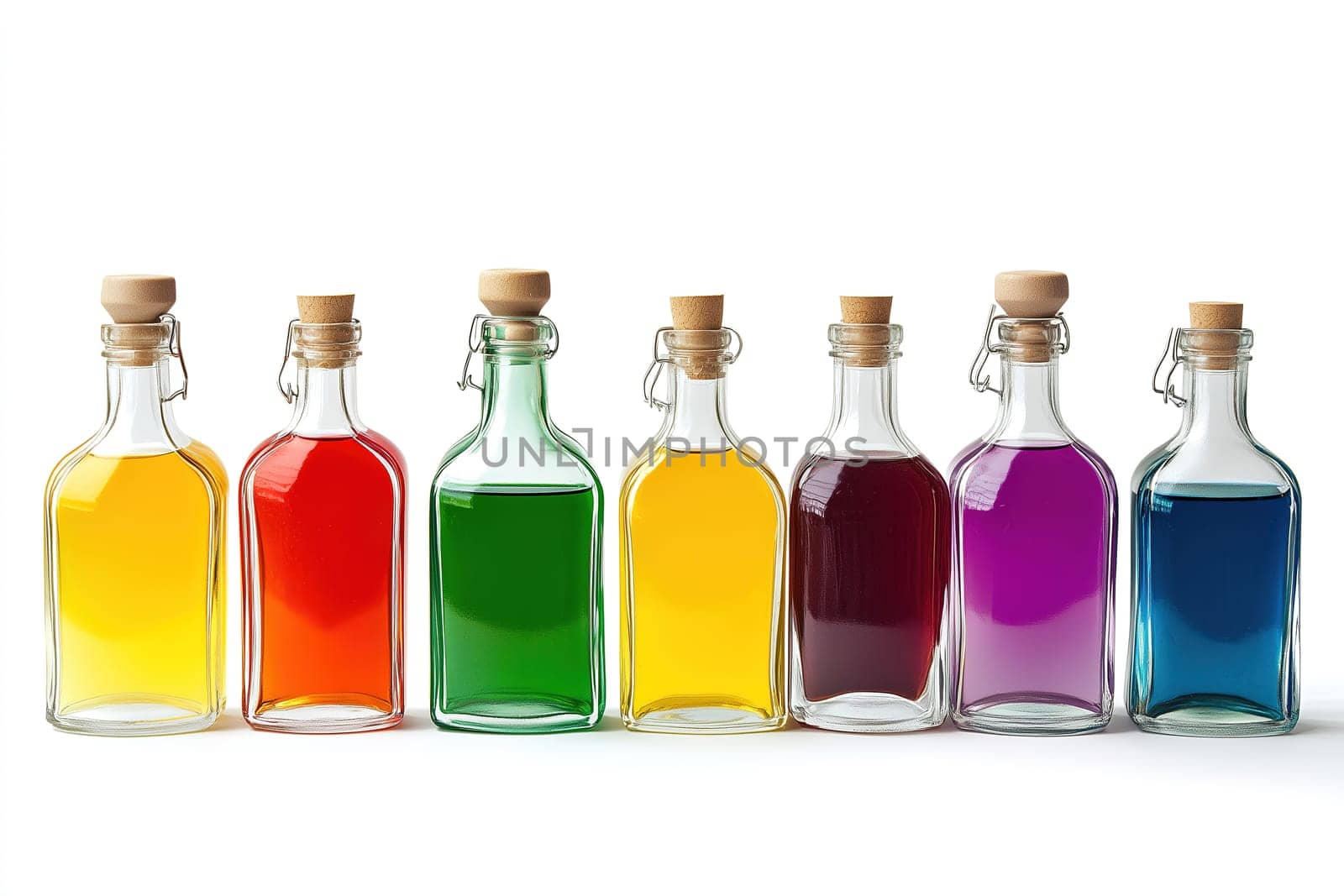 A row of seven glass bottles showcases liquids in vibrant colors, including red, green, yellow, purple, and blue, all capped with wooden stoppers.