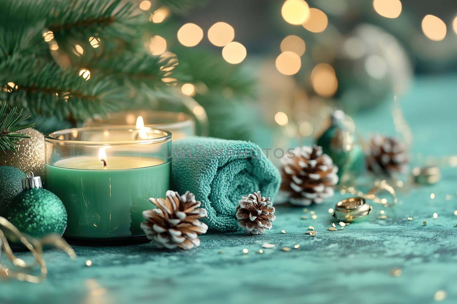 A festive arrangement features glowing candles, pinecones, and green ornaments on a teal surface, creating a warm ambiance for the holidays.