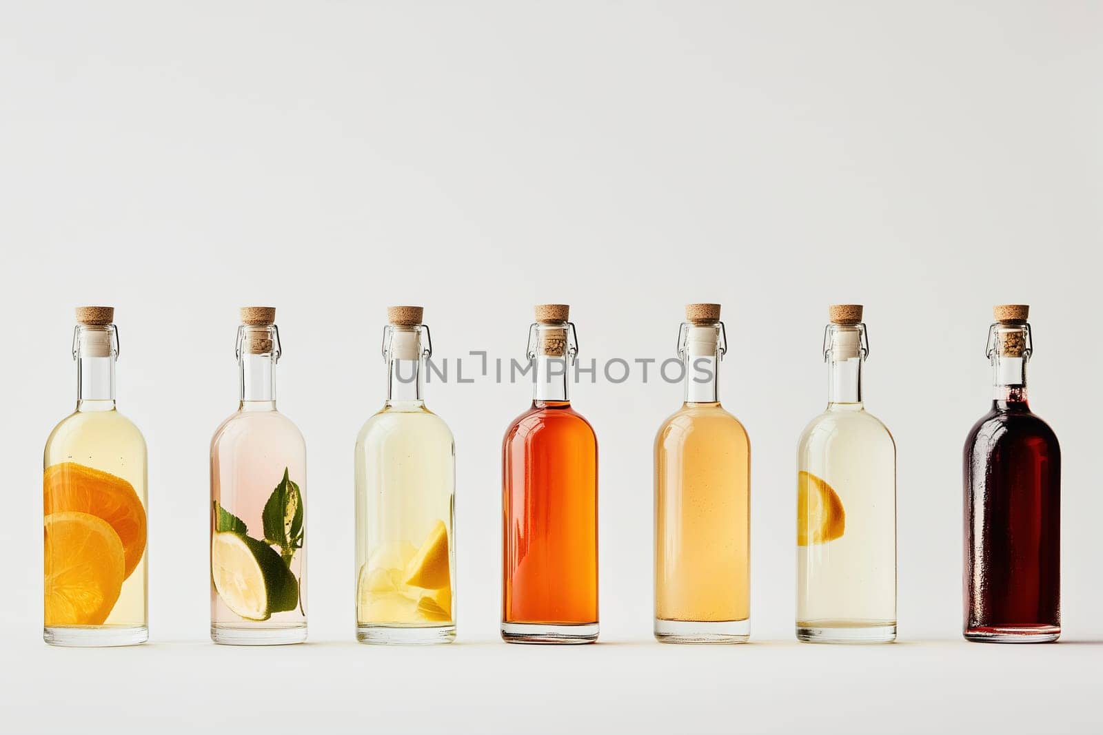 A lineup of seven glass bottles filled with various flavored drinks, showcasing vibrant colors and appealing presentations. Each bottle features distinct ingredients for refreshing enjoyment.