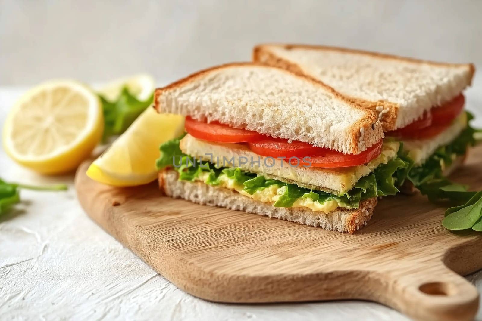 A delicious sandwich filled with fresh lettuce and ripe tomatoes is displayed on a wooden cutting board. A slice of lemon adds a refreshing touch, enhancing the vibrant presentation.