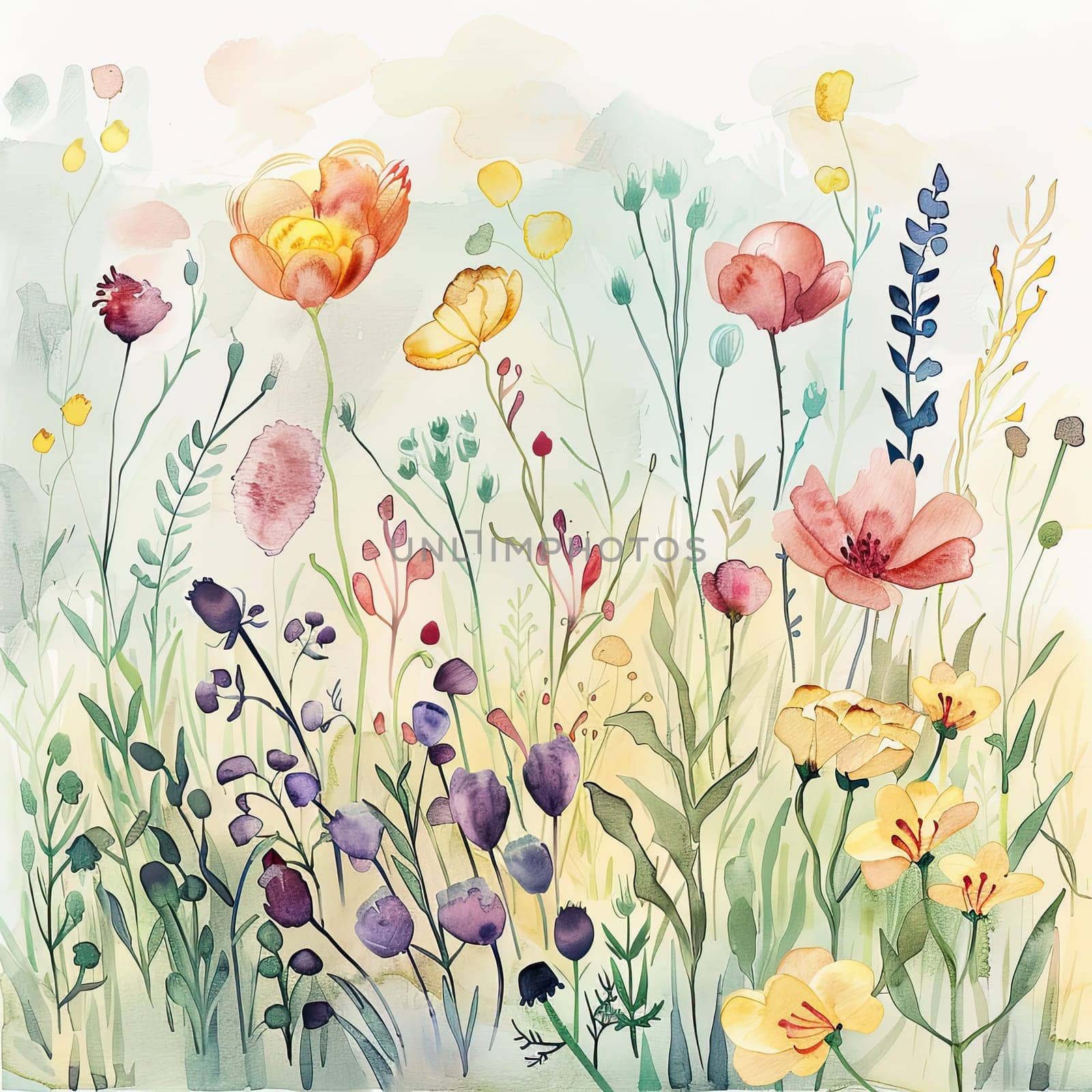 A vibrant mix of wildflowers fills a tranquil garden, displaying delicate petals in shades of pink, yellow, and purple, illuminated by warm sunlight on a clear day.