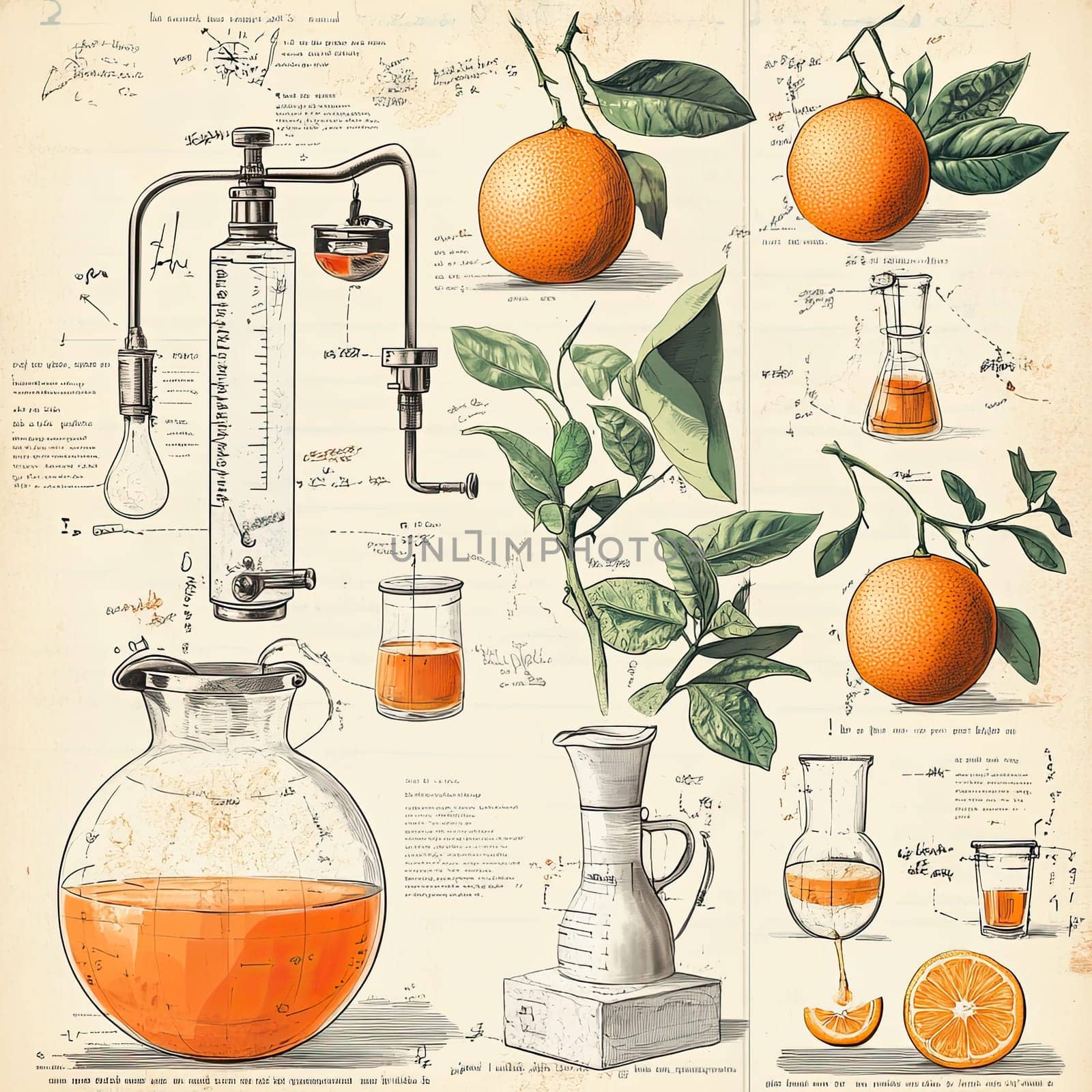 This infographic presents a detailed menu showcasing how to extract orange juice, featuring various tools, fresh oranges, and instructions, all designed in an artistic vintage layout.