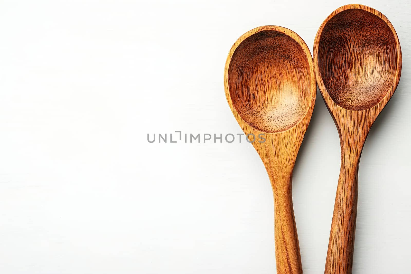 Two beautifully crafted wooden spoons lie side by side on a clean white surface, emphasizing their natural texture and functionality for culinary tasks.