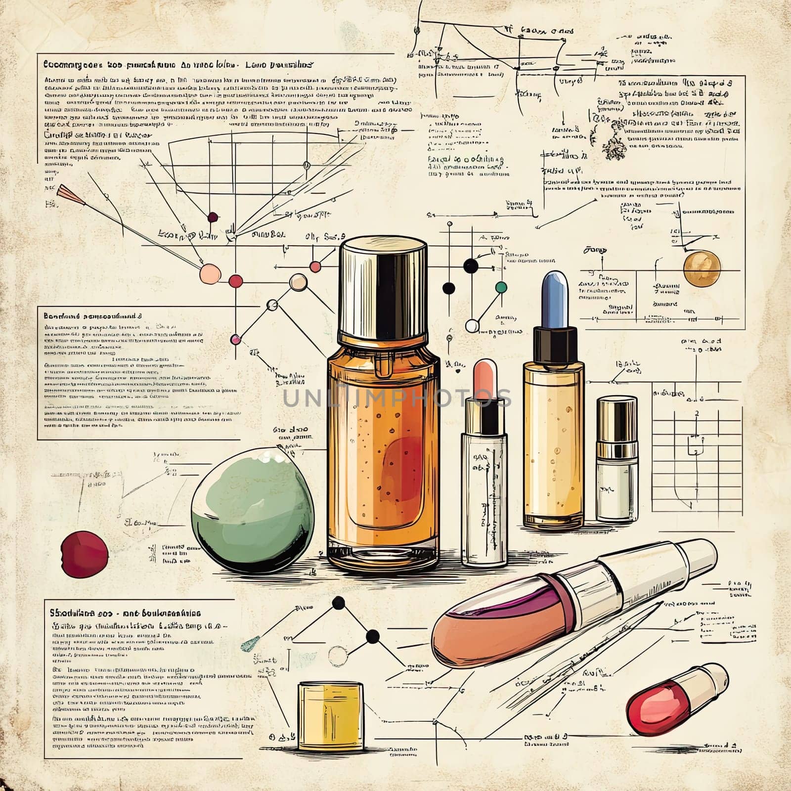 This infographic illustrates various cosmetic formulas alongside scientific analysis of skincare ingredients. It provides detailed insights into product compositions and properties.