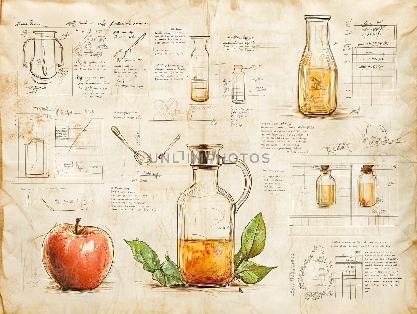 This artwork displays a recipe for apple cider, showcasing a large apple, various bottles, and handwritten notes about ingredients and measurements, evoking a sense of vintage culinary creativity.