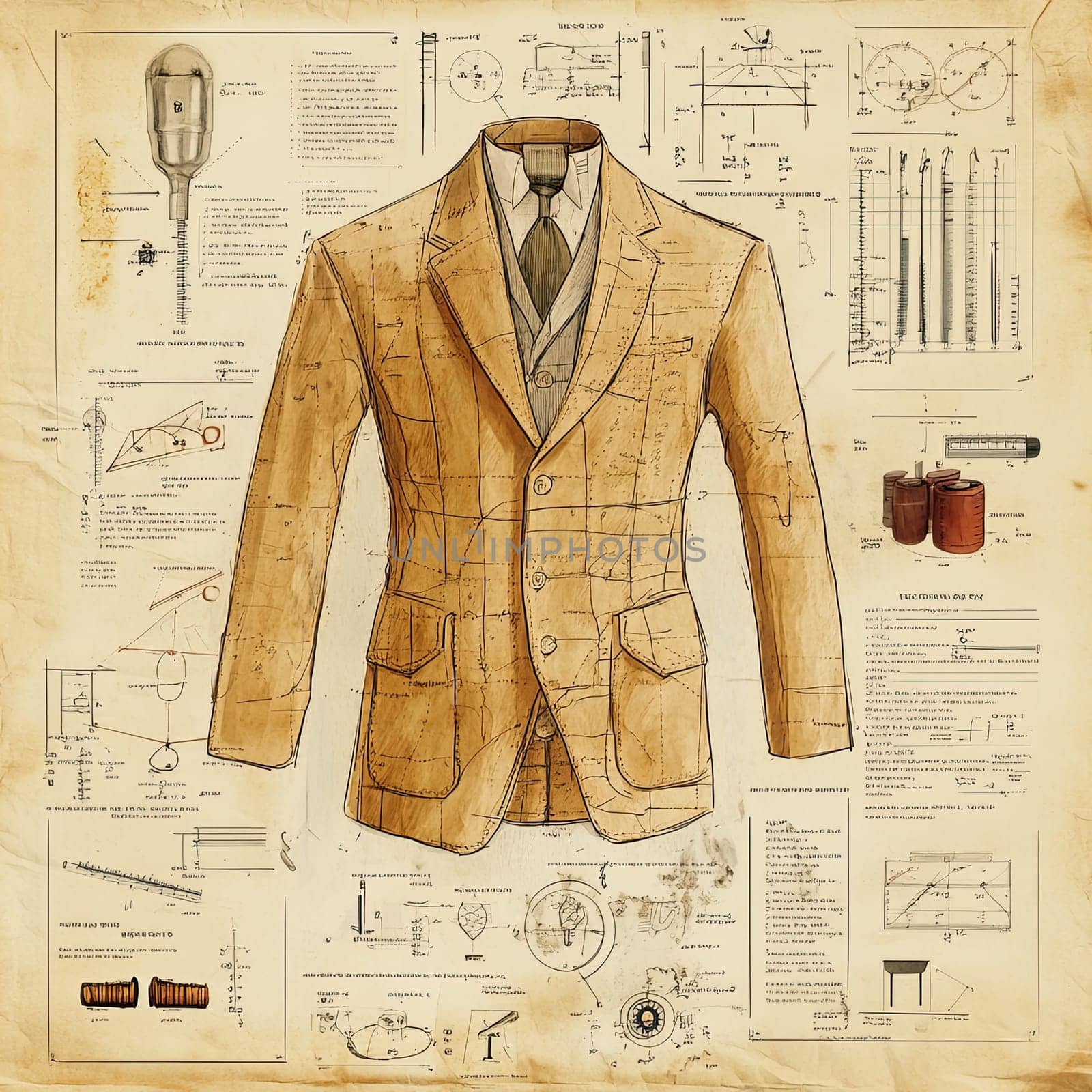 A tailored suit is depicted with detailed measurements and technical drawings surrounding it, highlighting the artistry and precision in clothing design and craftsmanship.