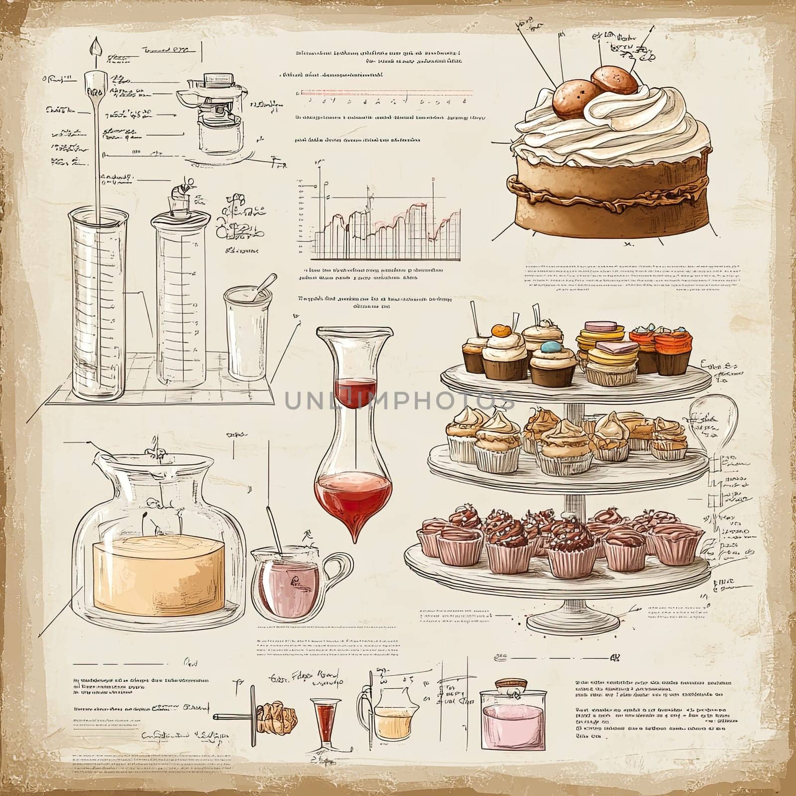 An intricate infographic menu features various desserts and beverages, highlighting recipes, preparation methods, and serving ideas ideal for culinary enthusiasts and events.