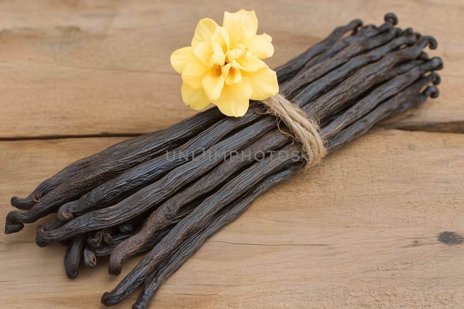 A bundle of dark vanilla bean pods is secured with twine, complemented by a delicate yellow flower, all resting on a wooden surface. The natural light enhances the rich textures.