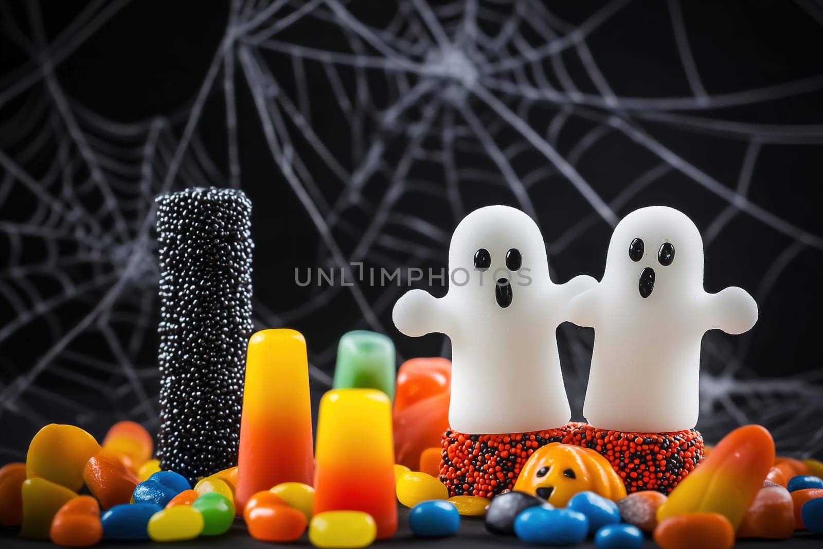 Two cheerful ghost figures stand amid colorful Halloween candies, surrounded by a dark web-like backdrop, creating a festive atmosphere.