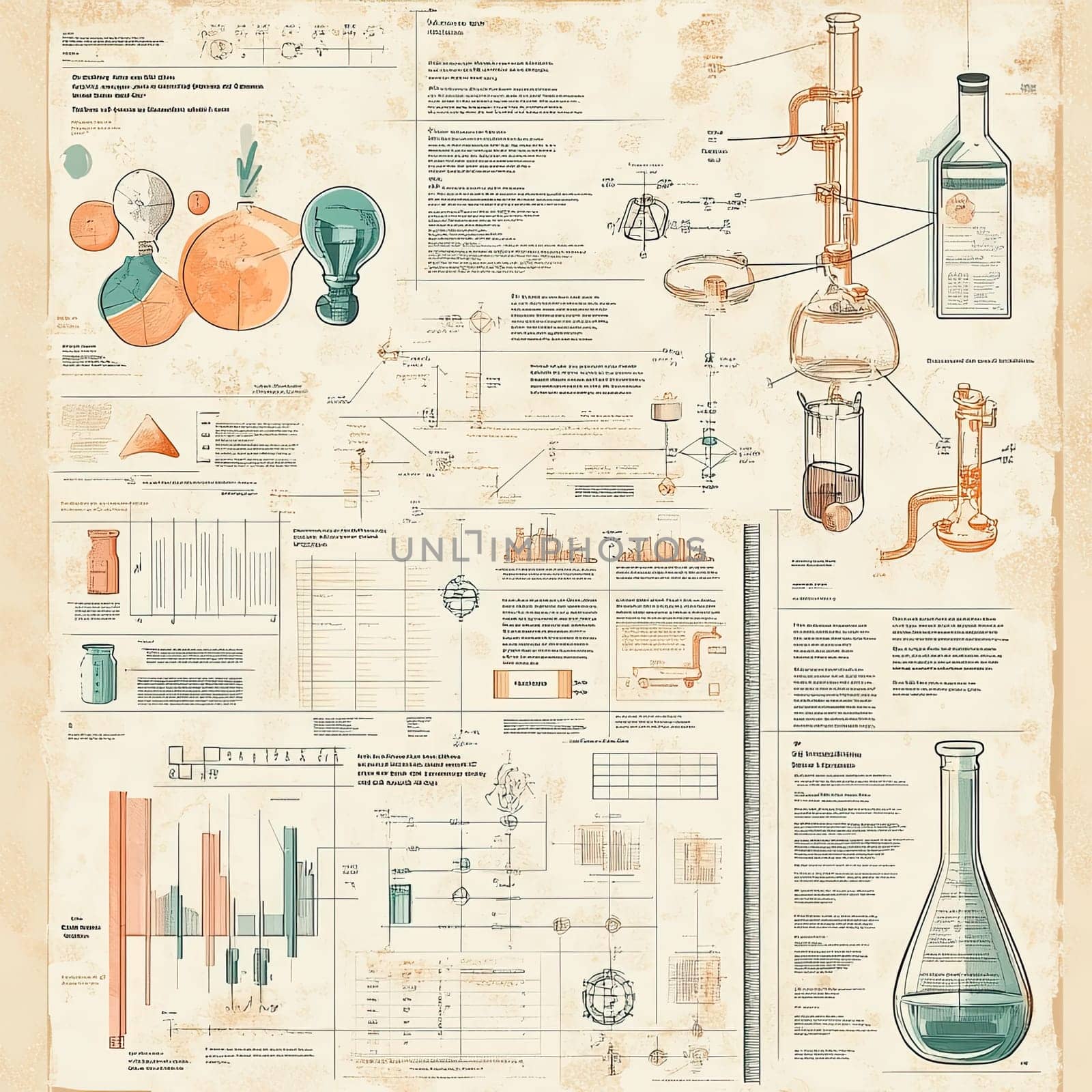 This educational illustration features various laboratory apparatus alongside detailed diagrams and notes about chemical processes, aimed at supporting chemistry learning.