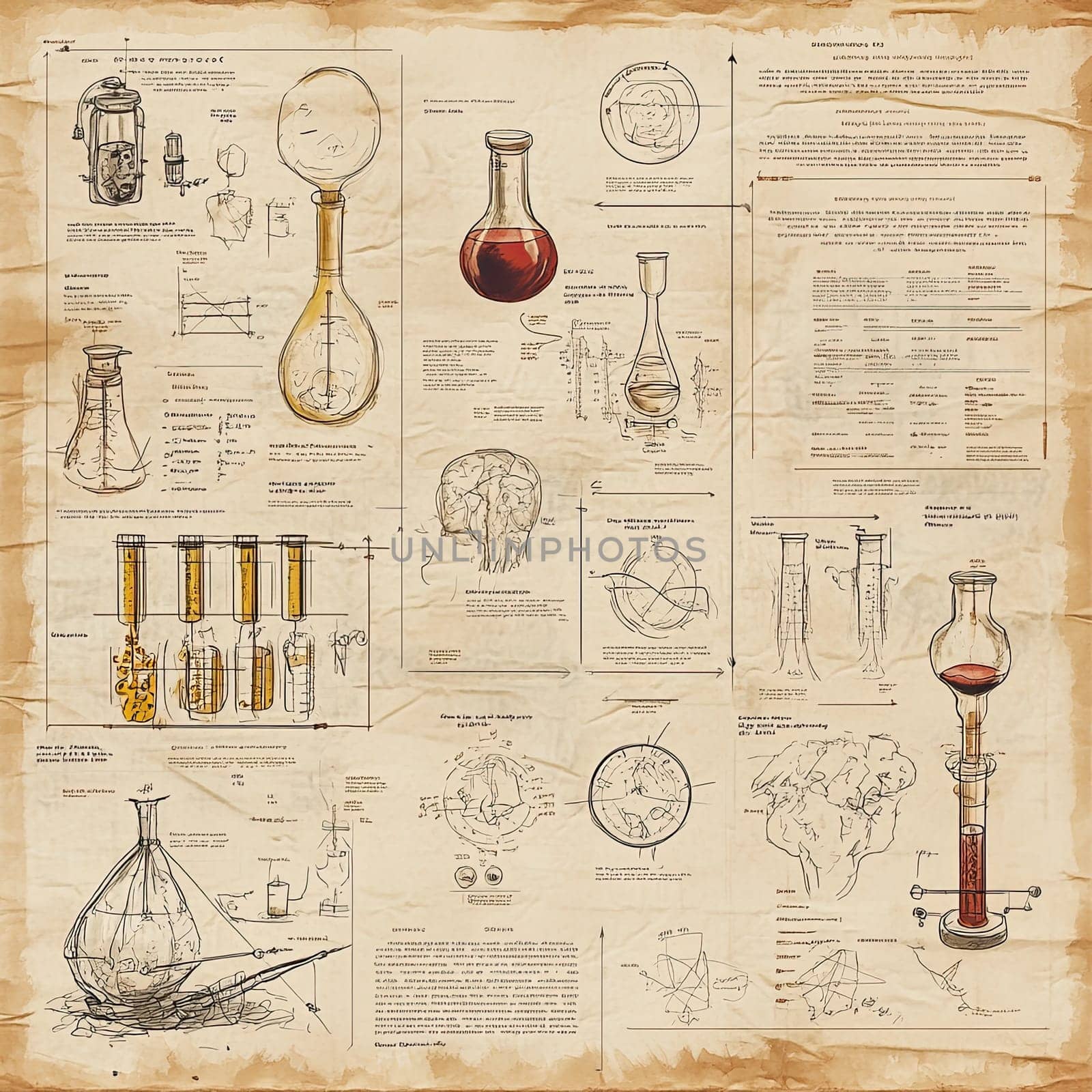 This artwork features a collection of laboratory glassware, diagrams, and chemical reactions illustrated on aged parchment. The detailed drawings aim to educate on scientific processes.