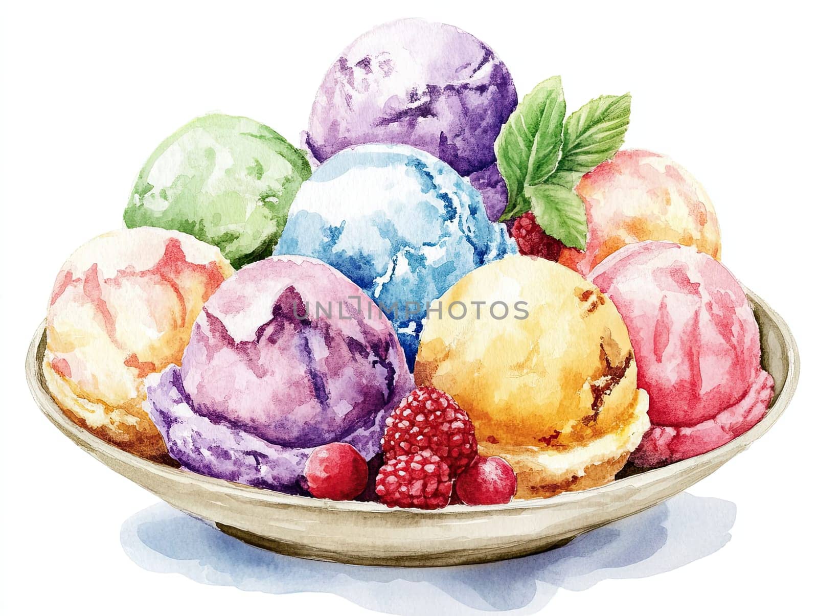 An inviting bowl is filled with eight scoops of different flavors of ice cream, showcasing vibrant colors and topped with fresh raspberries and mint leaves, perfect for a hot day.
