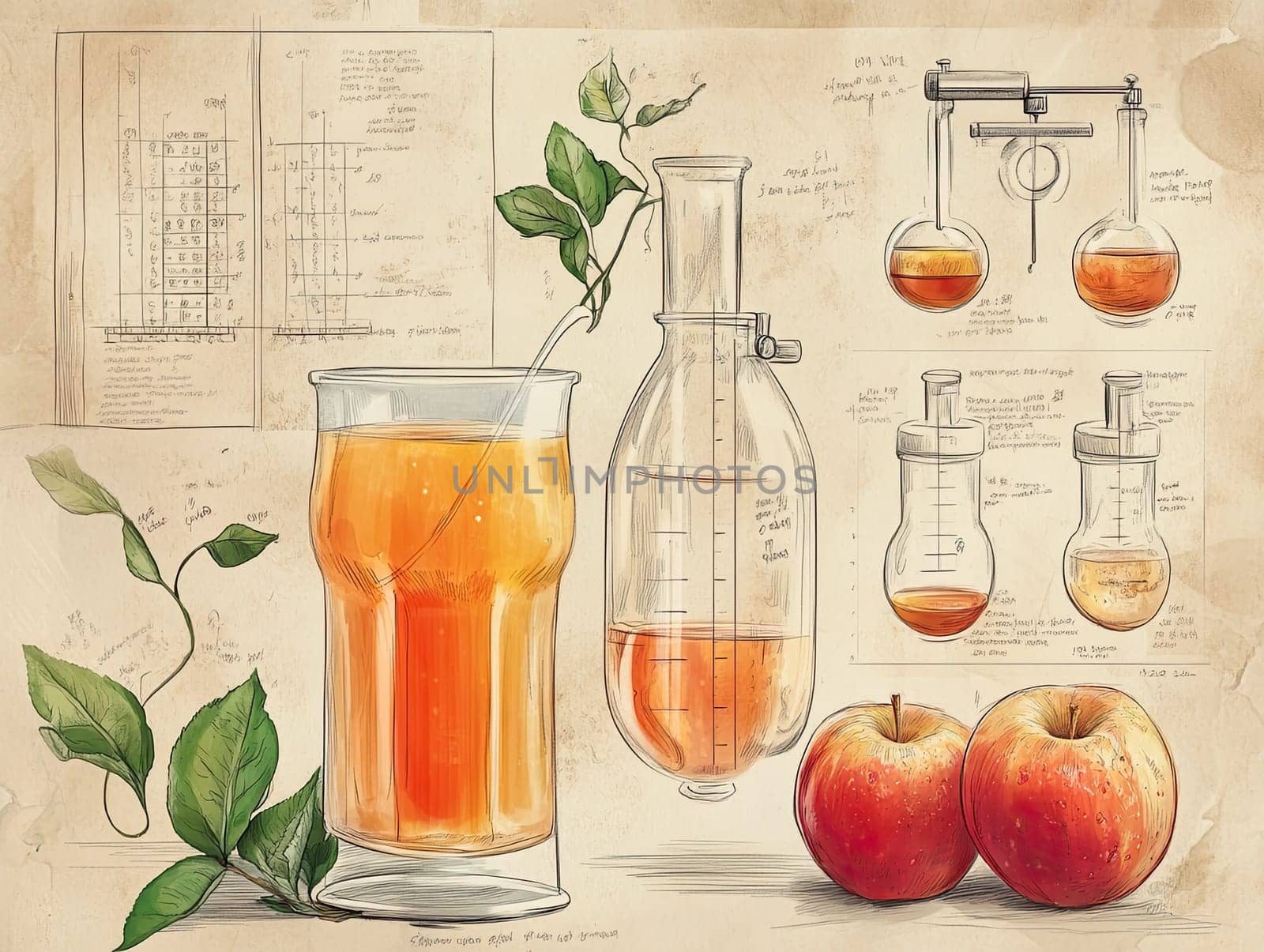 A colorful illustration showcases a glass of juice alongside laboratory glassware and ripe apples, emphasizing the blending of science with fresh ingredients in a creative way.