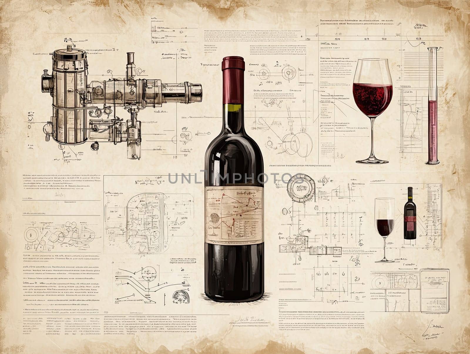 This infographic highlights the winemaking process, featuring intricate illustrations of equipment and a bottle of red wine, paired with a glass, all against a textured background.