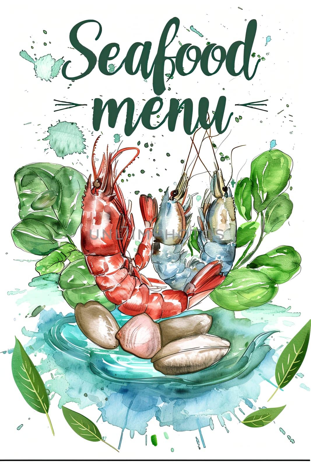 This artistic seafood menu showcases vivid watercolor depictions of shrimp and clams surrounded by fresh greens, offering a visually appealing dining experience.