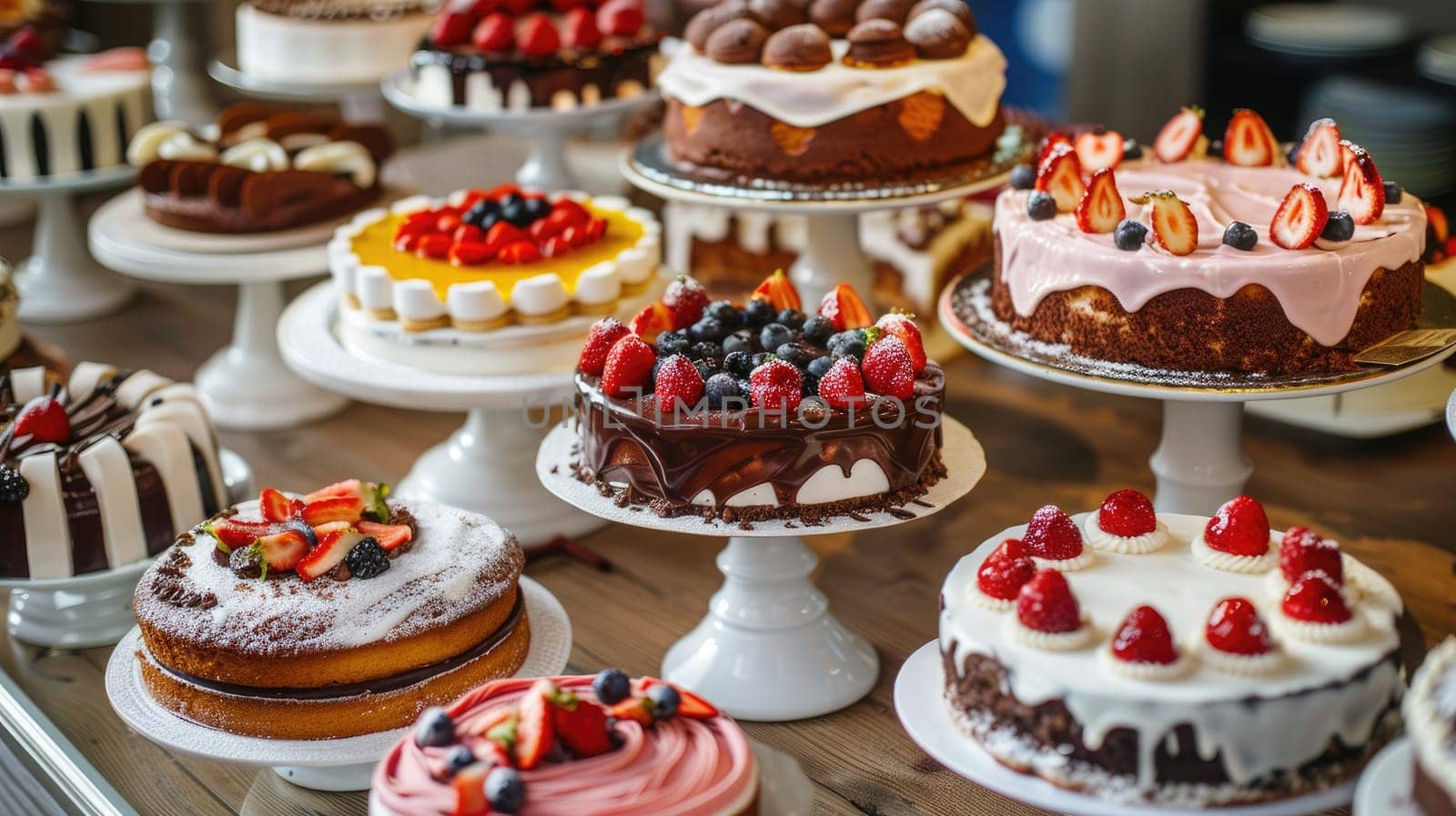 An inviting selection of beautifully decorated cakes sits on white pedestals at a local bakery, showcasing vibrant fruits and decadent frosting under natural sunlight.