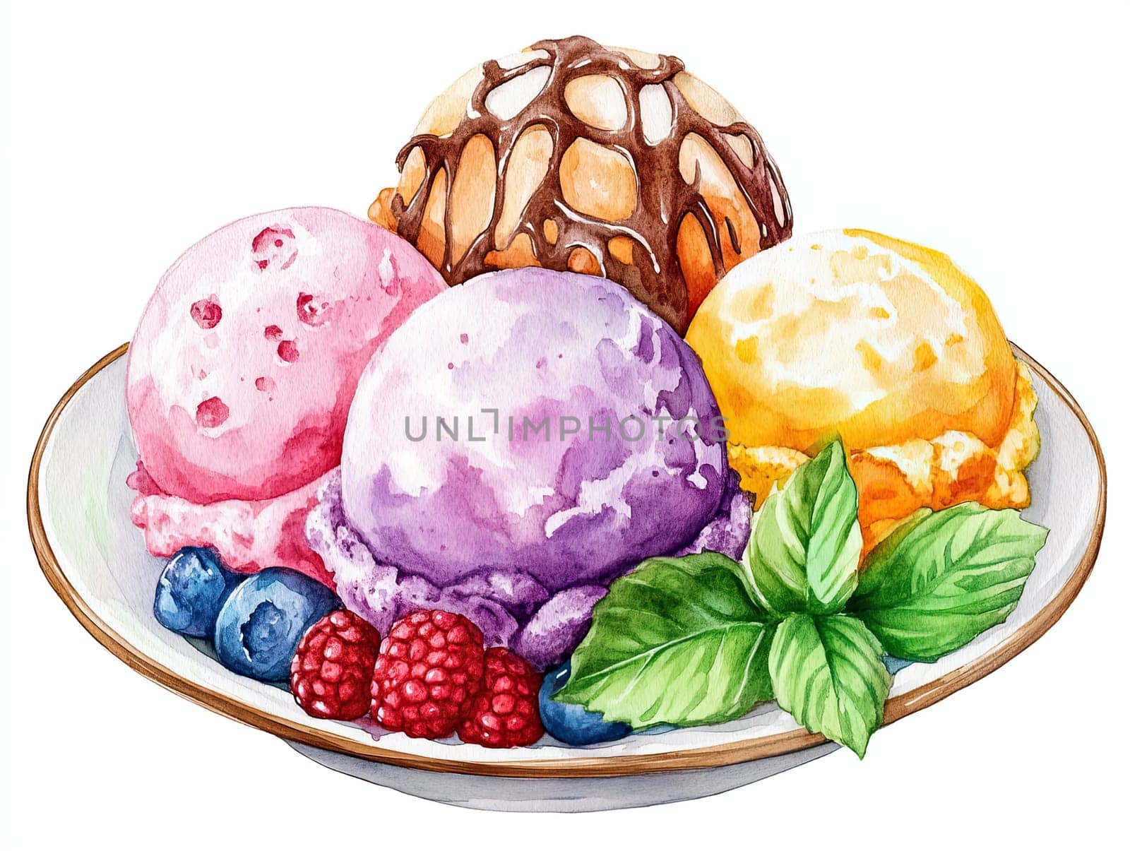 This dessert features three vibrant scoops of ice cream in flavors like purple, pink, and yellow, accompanied by fresh berries and mint leaves, perfect for a refreshing treat.