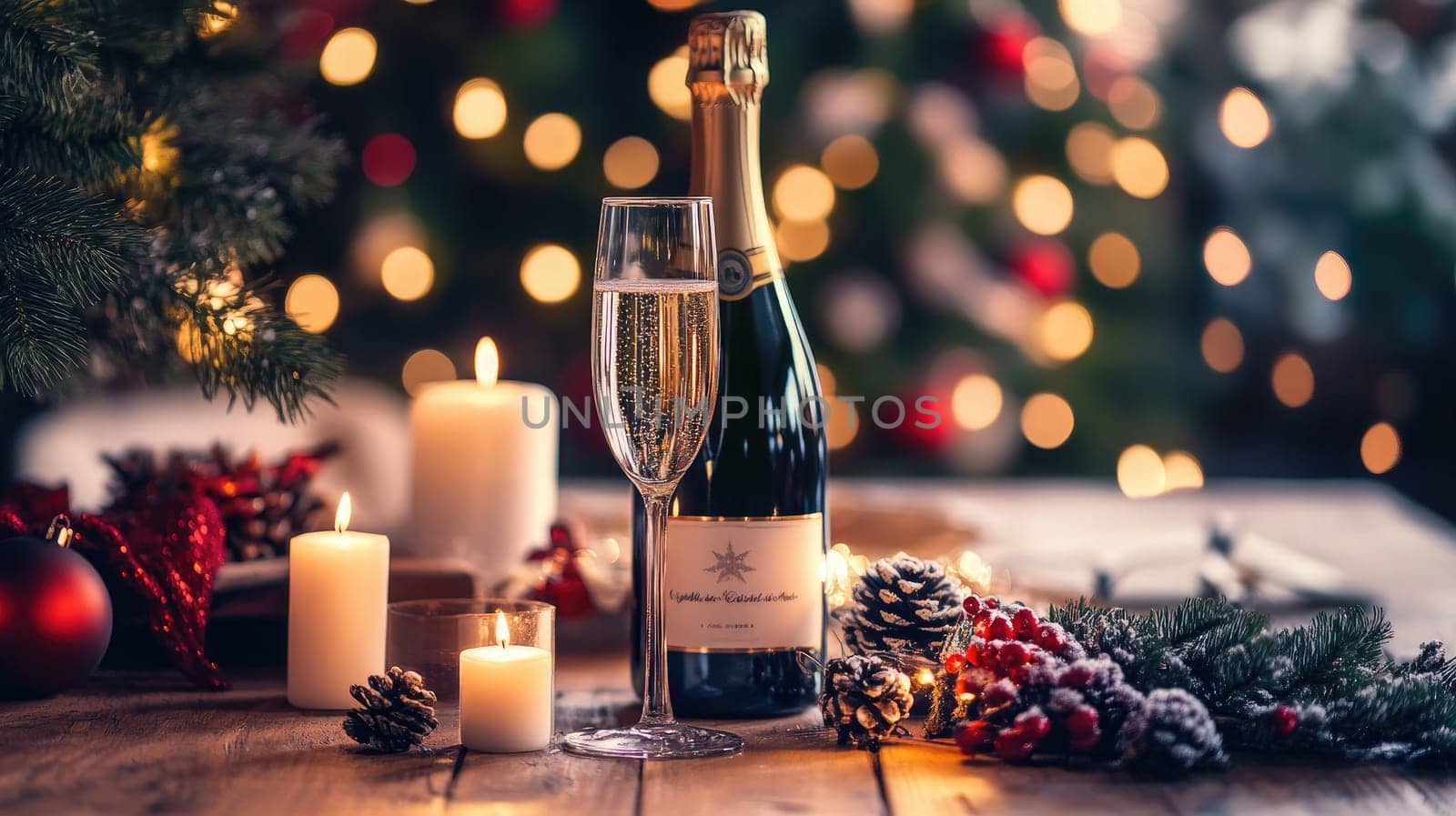 A beautifully set table displays a bottle of sparkling wine beside a glass, surrounded by candles and festive decorations, creating a warm holiday atmosphere.