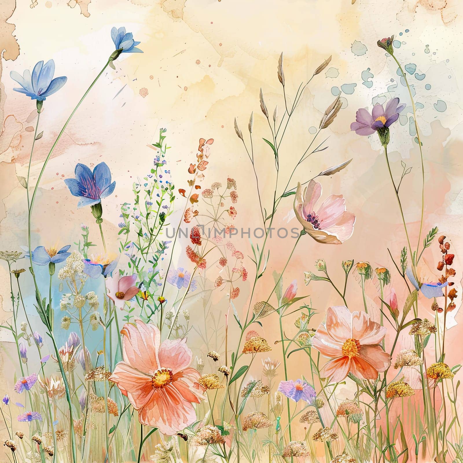 A lively display of wildflowers in various colors flourishes in a meadow, reflecting the beauty of spring under a bright blue sky, creating a serene atmosphere.