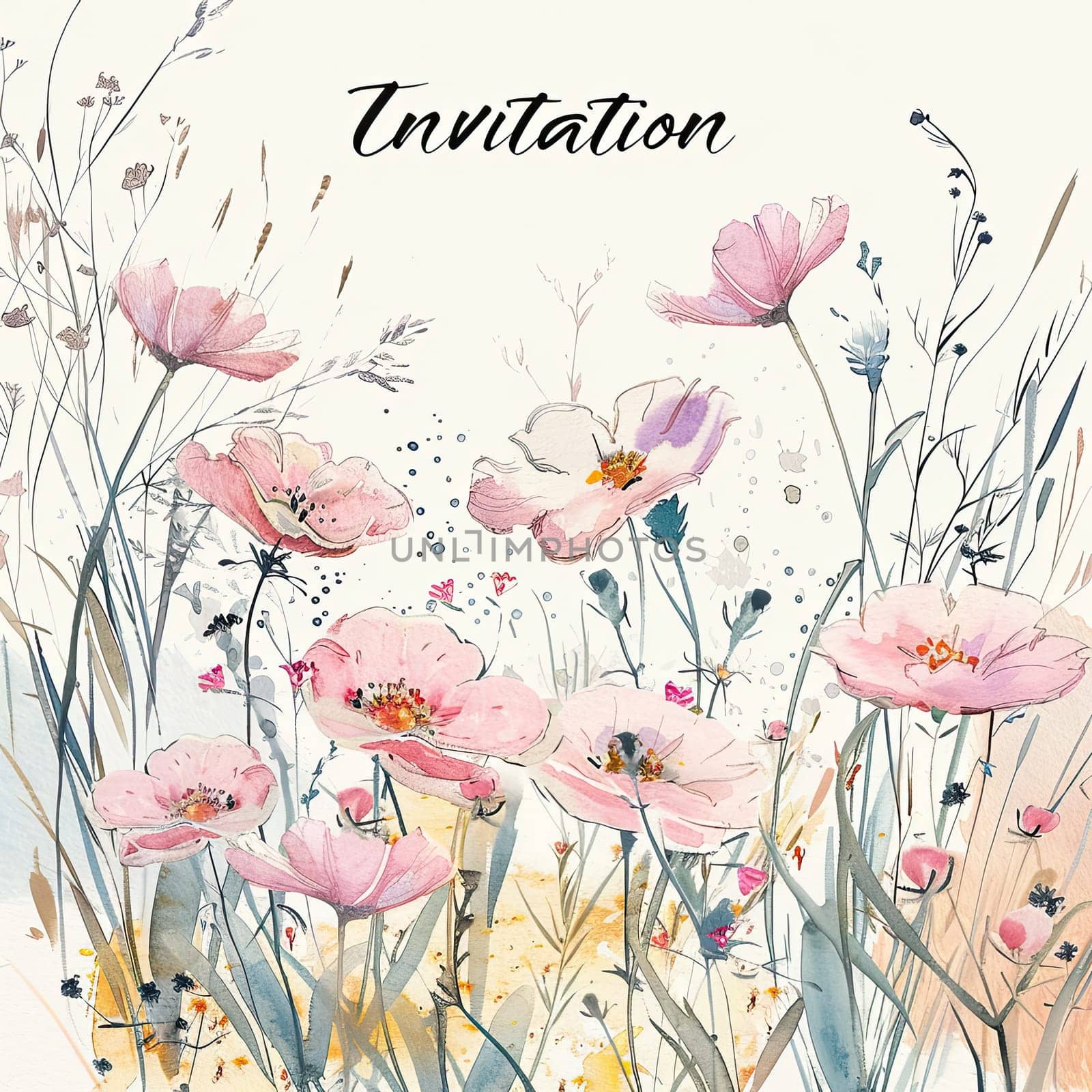A watercolor invitation showcases soft pink flowers set against a light background, perfect for inviting guests to a special occasion or celebration.