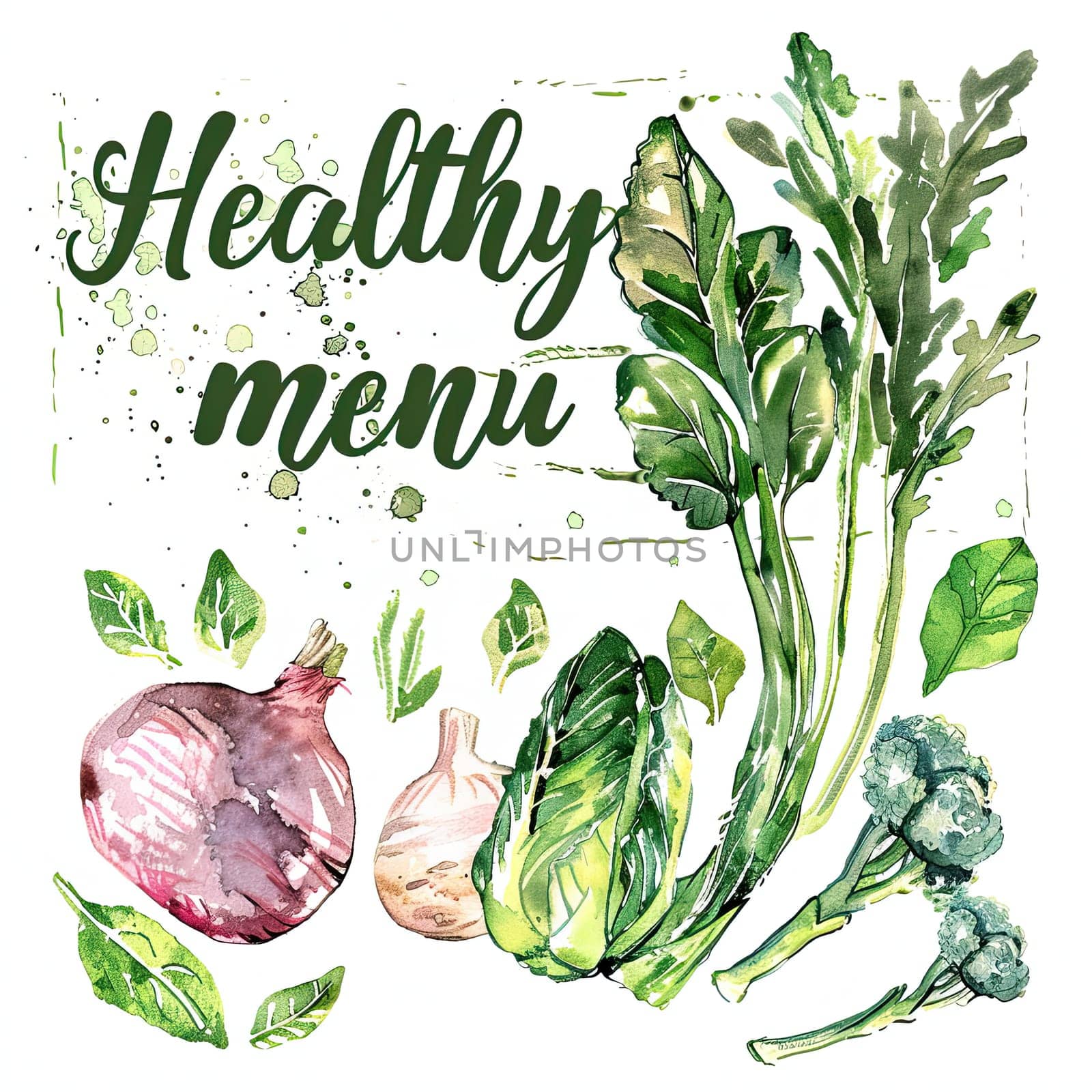 This artwork showcases a collection of fresh vegetables like broccoli, spinach, and onions, all beautifully arranged, promoting a healthy, green lifestyle.