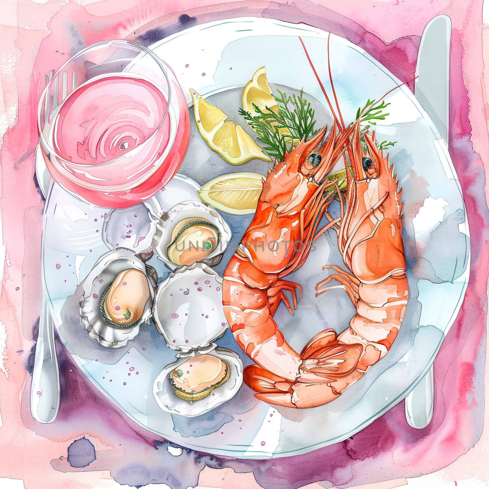 This colorful seafood platter showcases succulent shrimp and fresh oysters arranged on a plate, complemented by a pink drink and lemon slices for zest.
