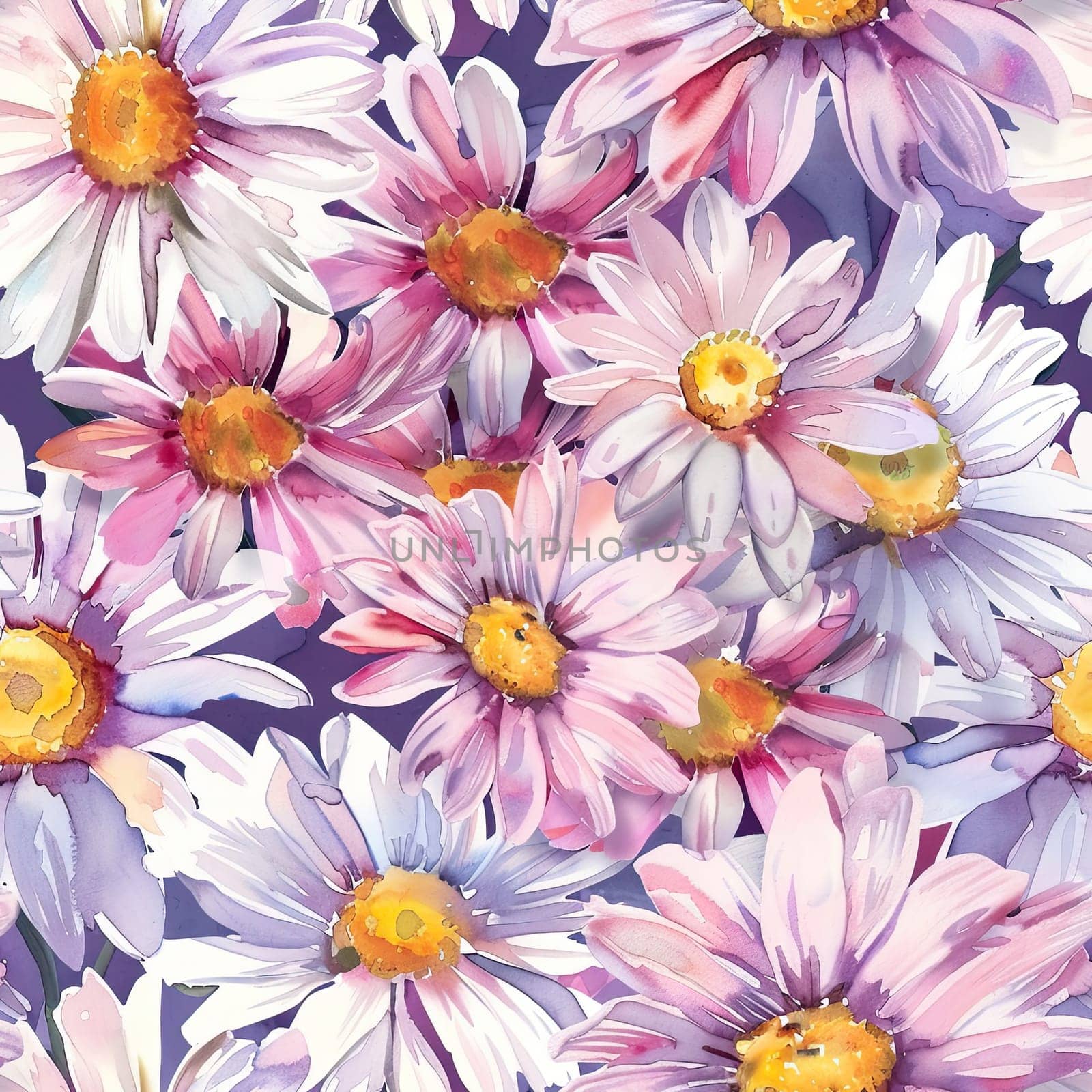 Colorful watercolor daisies in various shades of purple, pink, and white cluster together, showcasing their vivid petals and bright yellow centers against a rich blue backdrop.