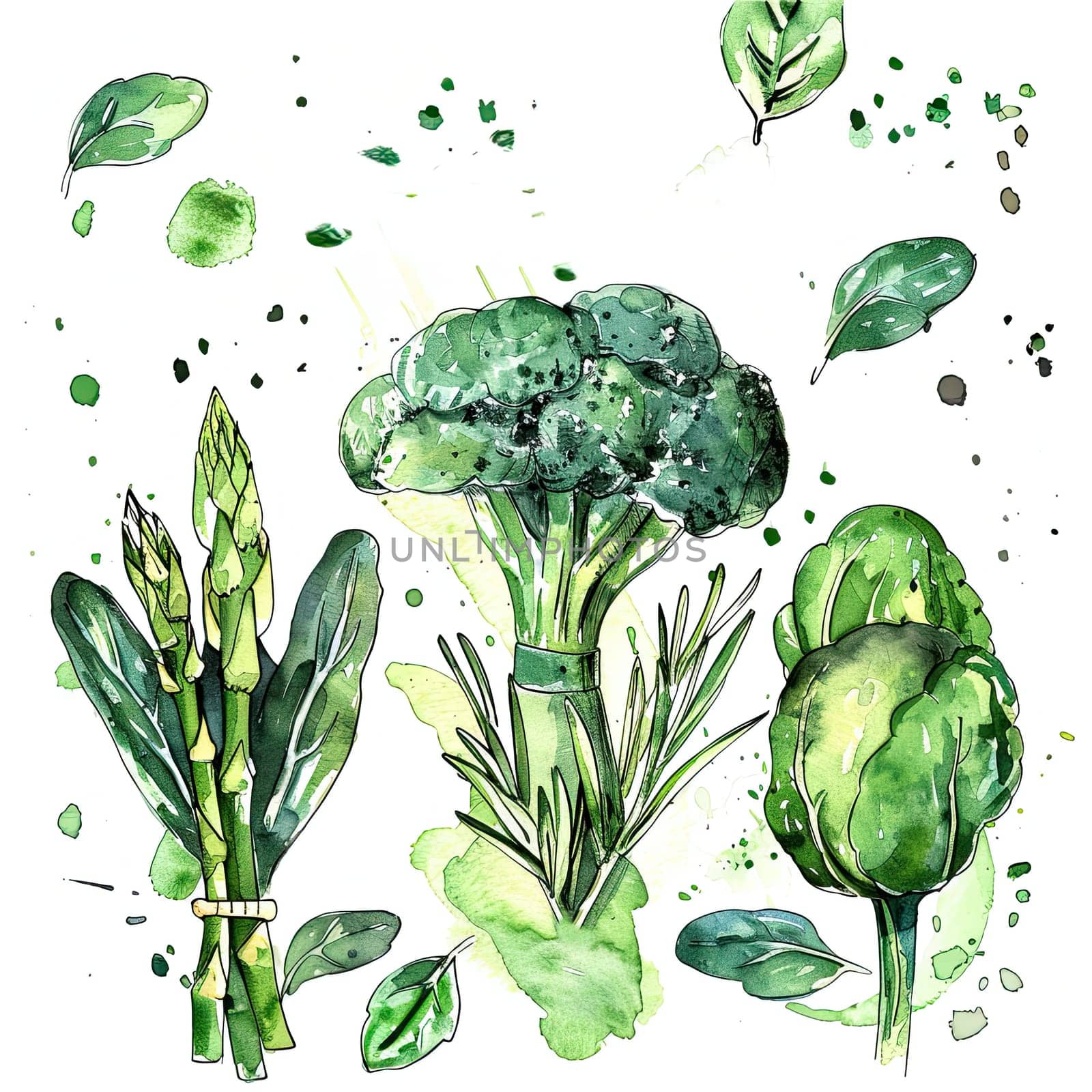 A colorful arrangement of fresh broccoli, spinach, and asparagus illustrated in watercolor style, showcasing their textures and vivid greens against a splattered background.