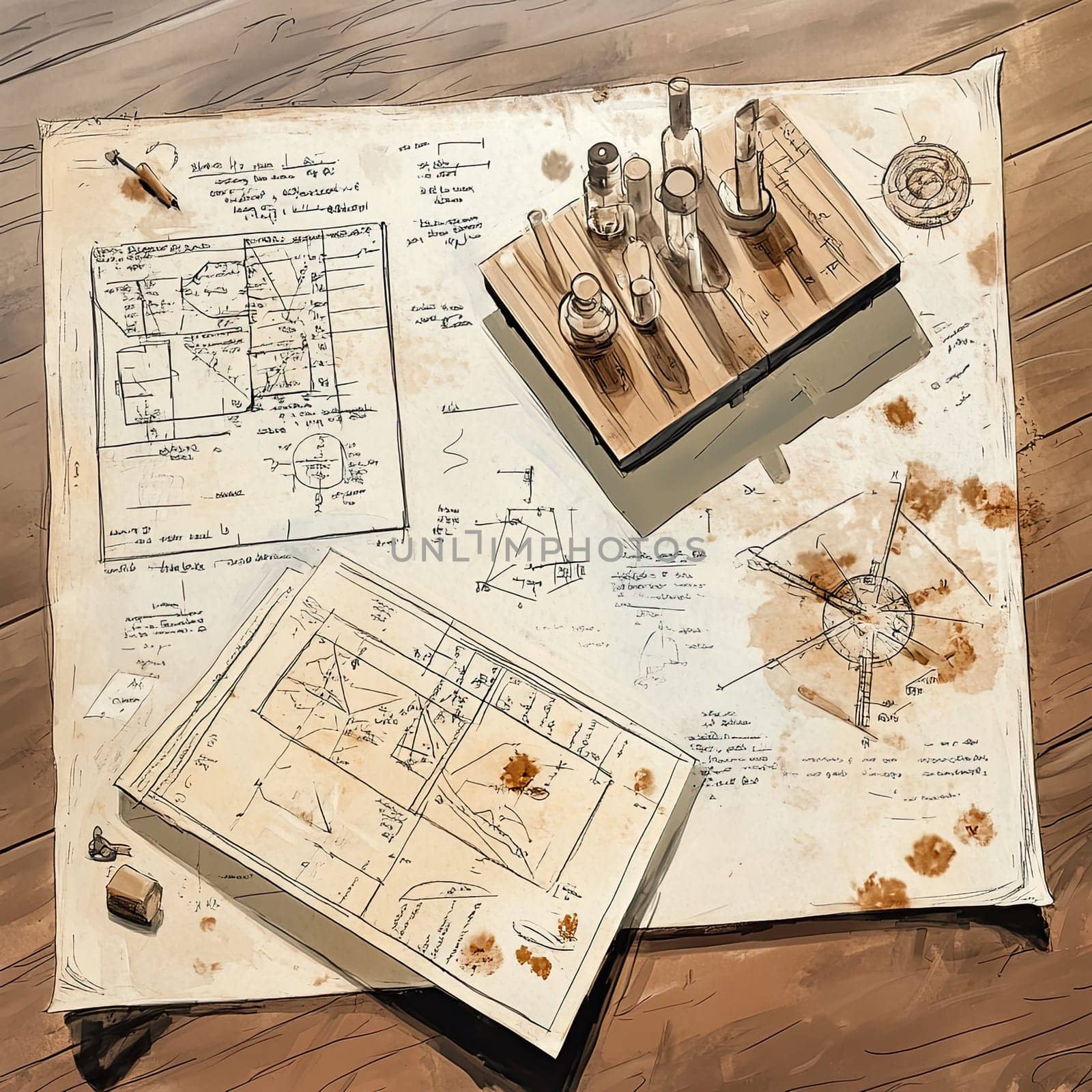 An infographic menu displays a variety of recipes with ingredients and precise preparation methods, emphasizing gourmet culinary arts. Notes and sketches enhance the informative layout.