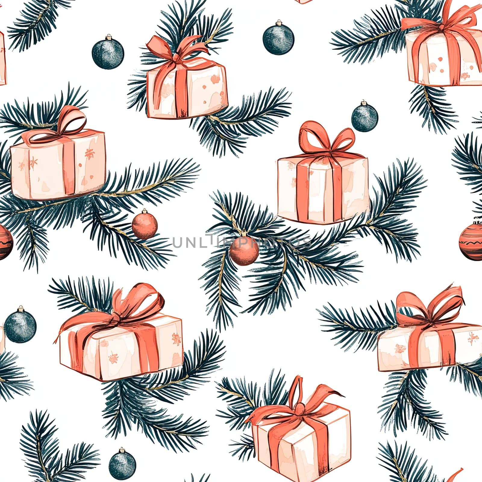 Colorful Christmas gifts adorned with bows and ornaments are scattered among pine branches, creating a vibrant and festive holiday pattern perfect for seasonal decor.