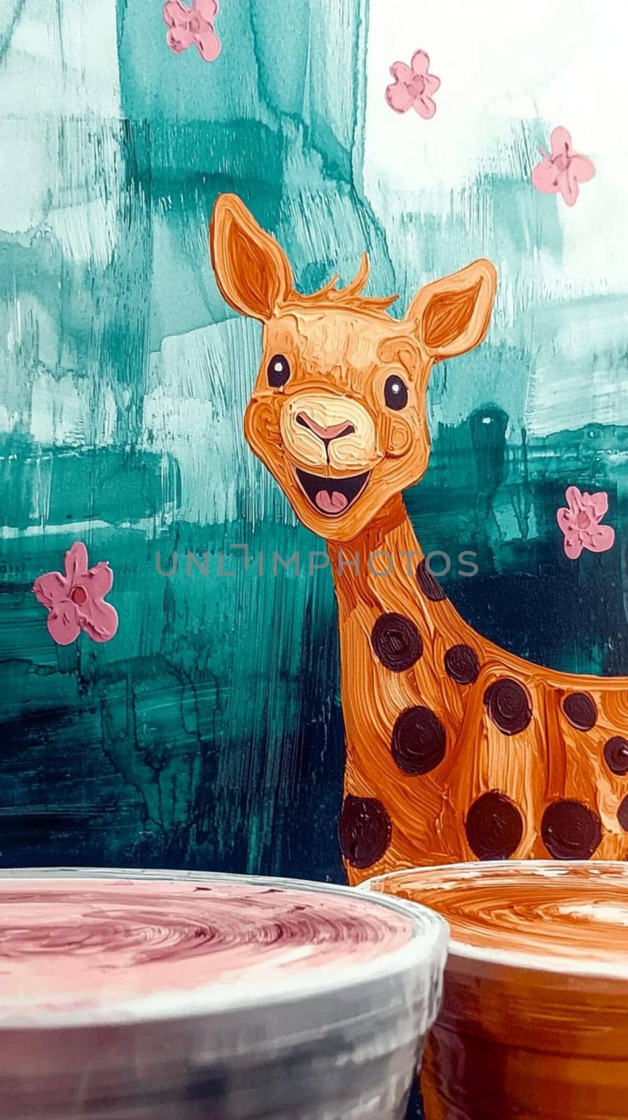 Acrylic paint and a painting in progress of a smiling giraffe with pink flowers on a teal background. Perfect for art studios or children's art classes