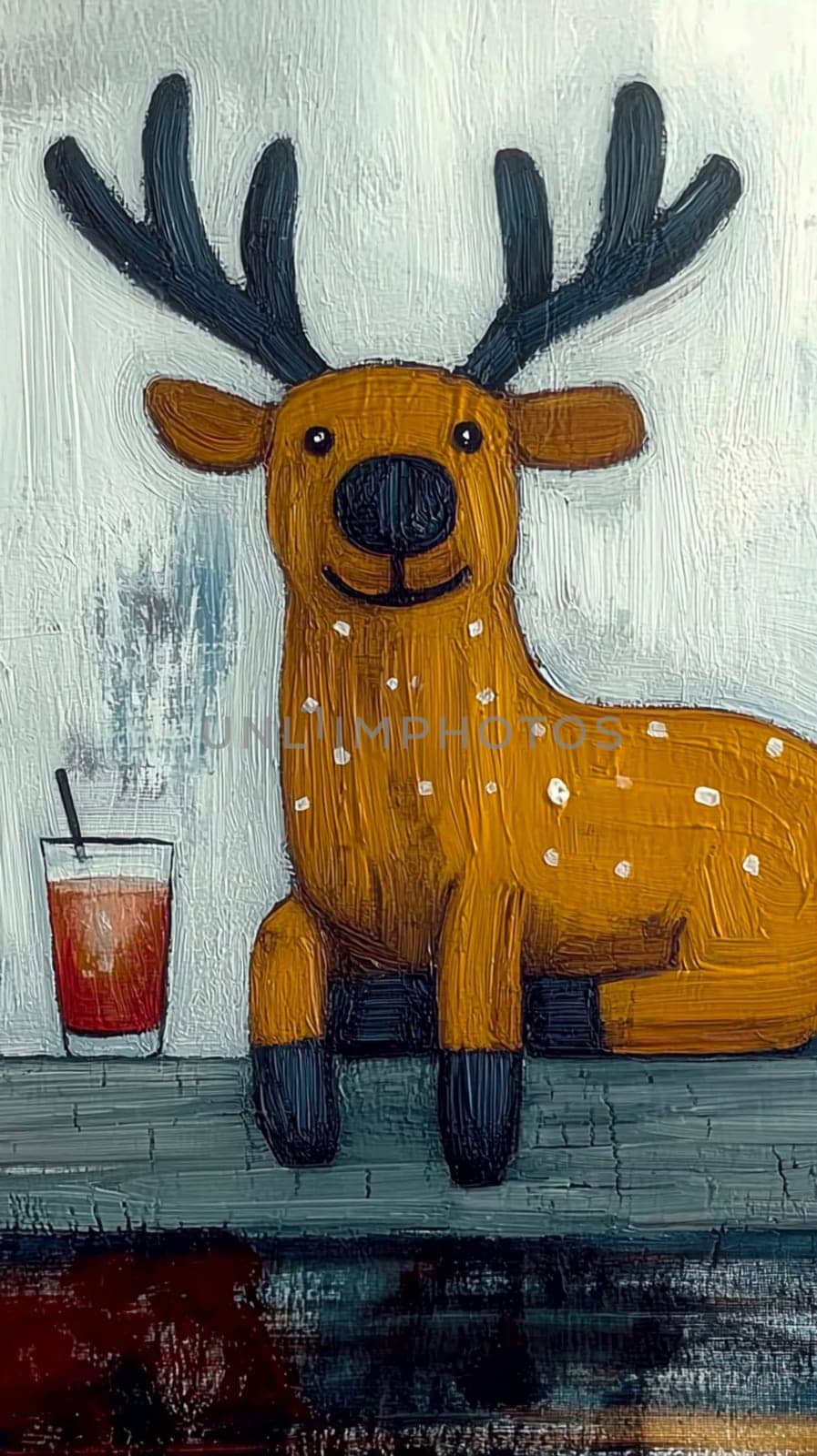 Funny deer is sitting at the bar and drinking an orange cocktail through a straw. The artwork is made with oil paints on canvas