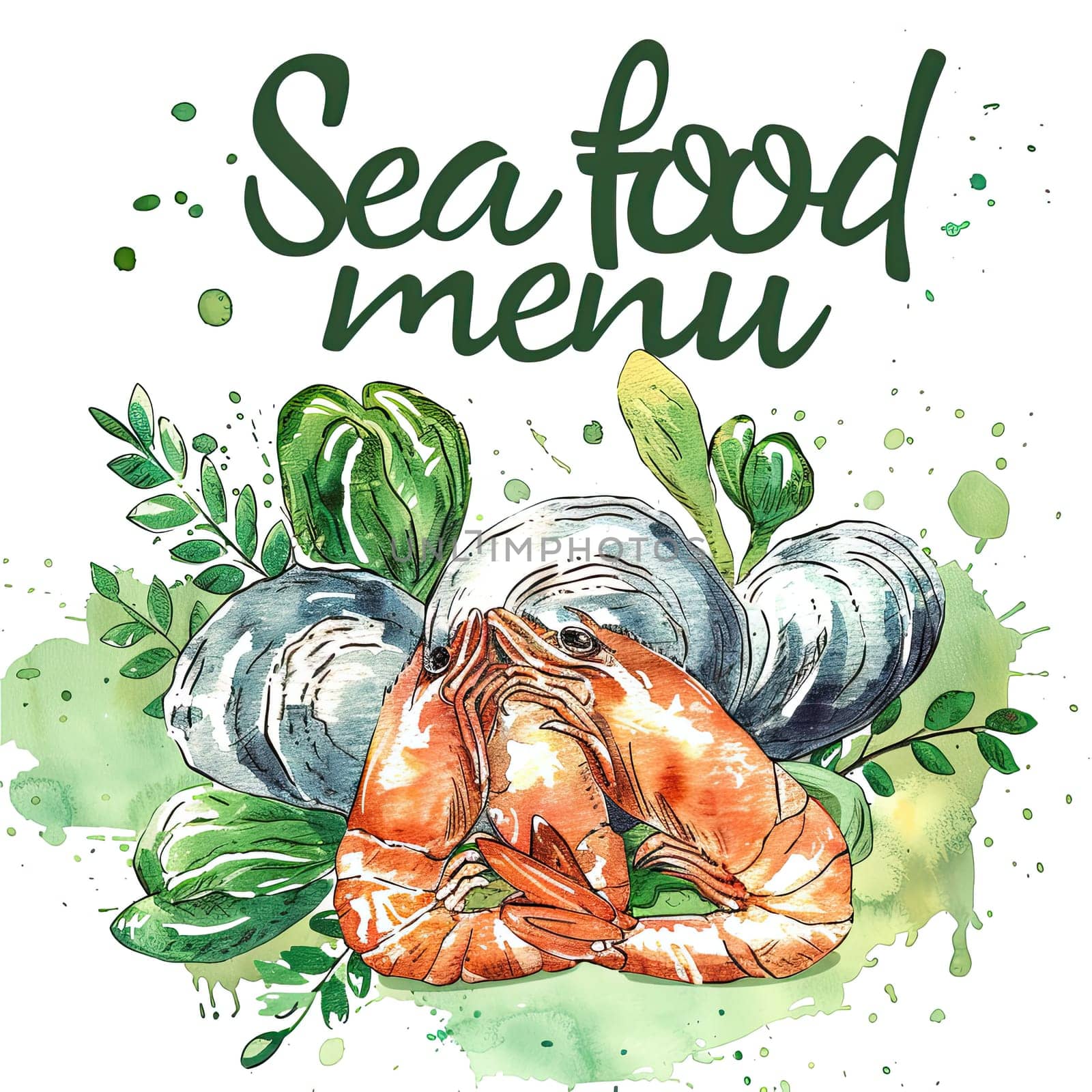 A vibrant seafood menu illustration showcases a shrimp prominently in front of clams and leafy greens, all rendered in a colorful watercolor style.