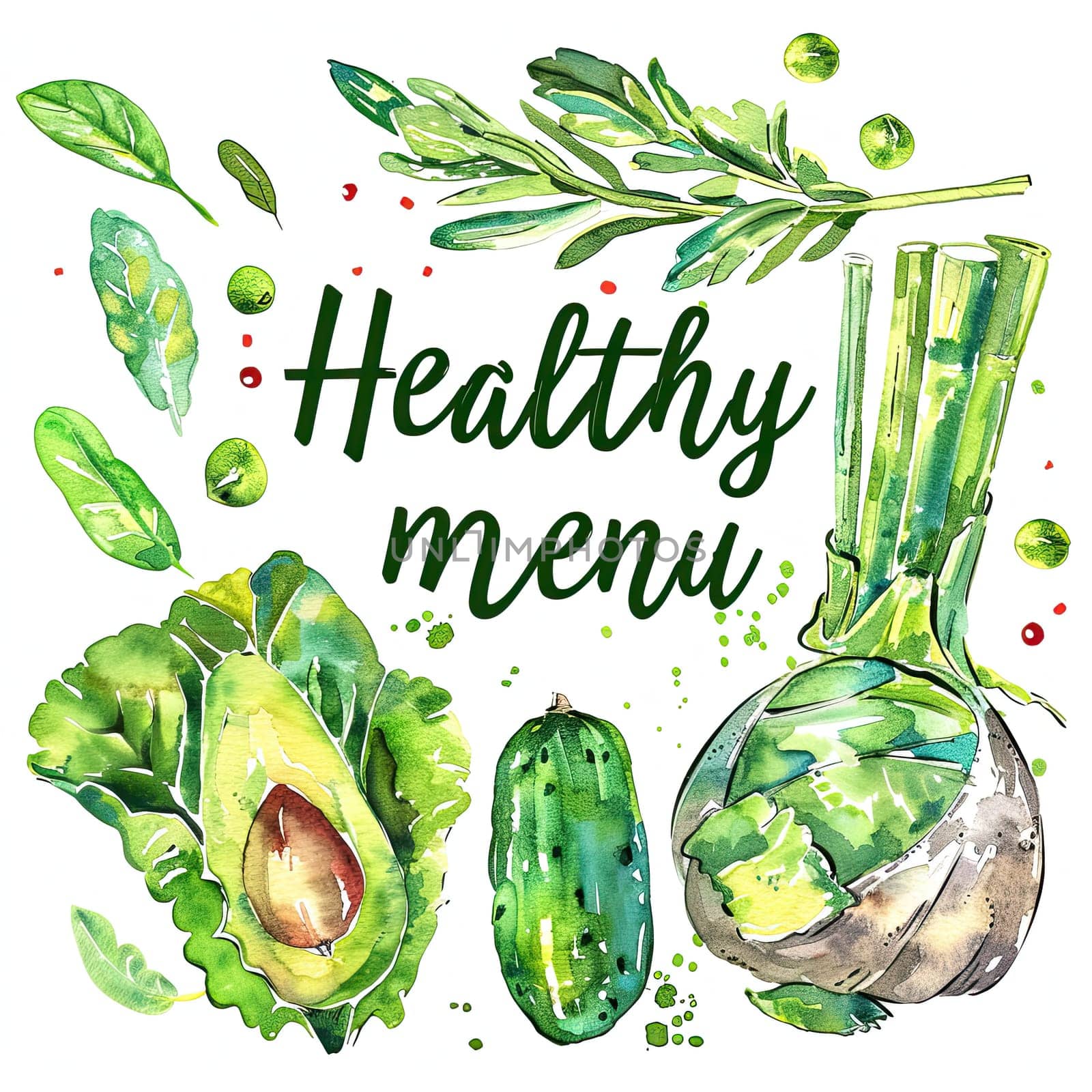 A vibrant illustration features an array of fresh vegetables including avocados and cucumbers, emphasizing a healthy menu filled with nutritious options.