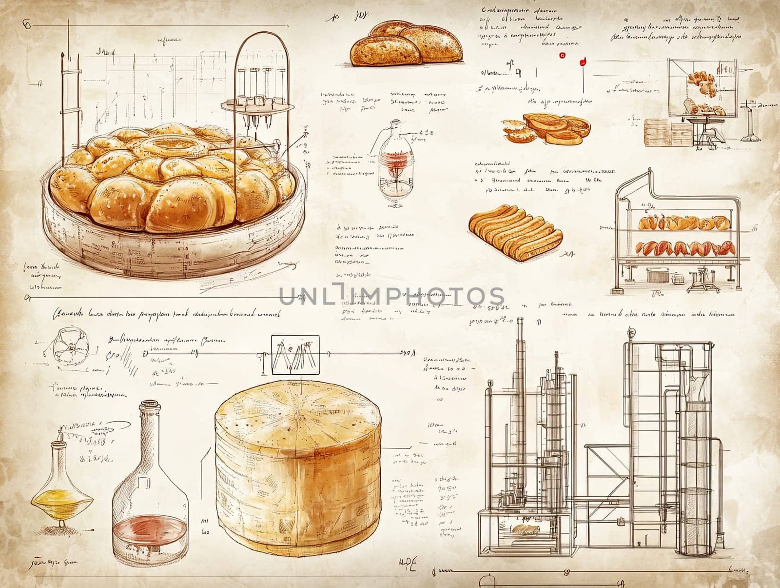 A collection of diagrams and notes illustrates the process of baking various breads and pastries alongside cheese production.